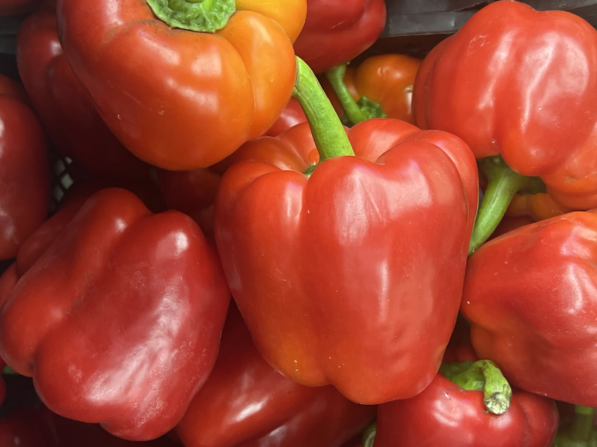 The image is a close-up shot of a pile of red bell peppers. The peppers are tightly packed together, with varying shapes and sizes. The colors range from a bright red to a slightly orangey-red hue. The stems are green. The environment appears to be indoors, possibly a grocery store or market. There are no people visible in the image. The location in the city of Chaikovsky, Russia is unknown.