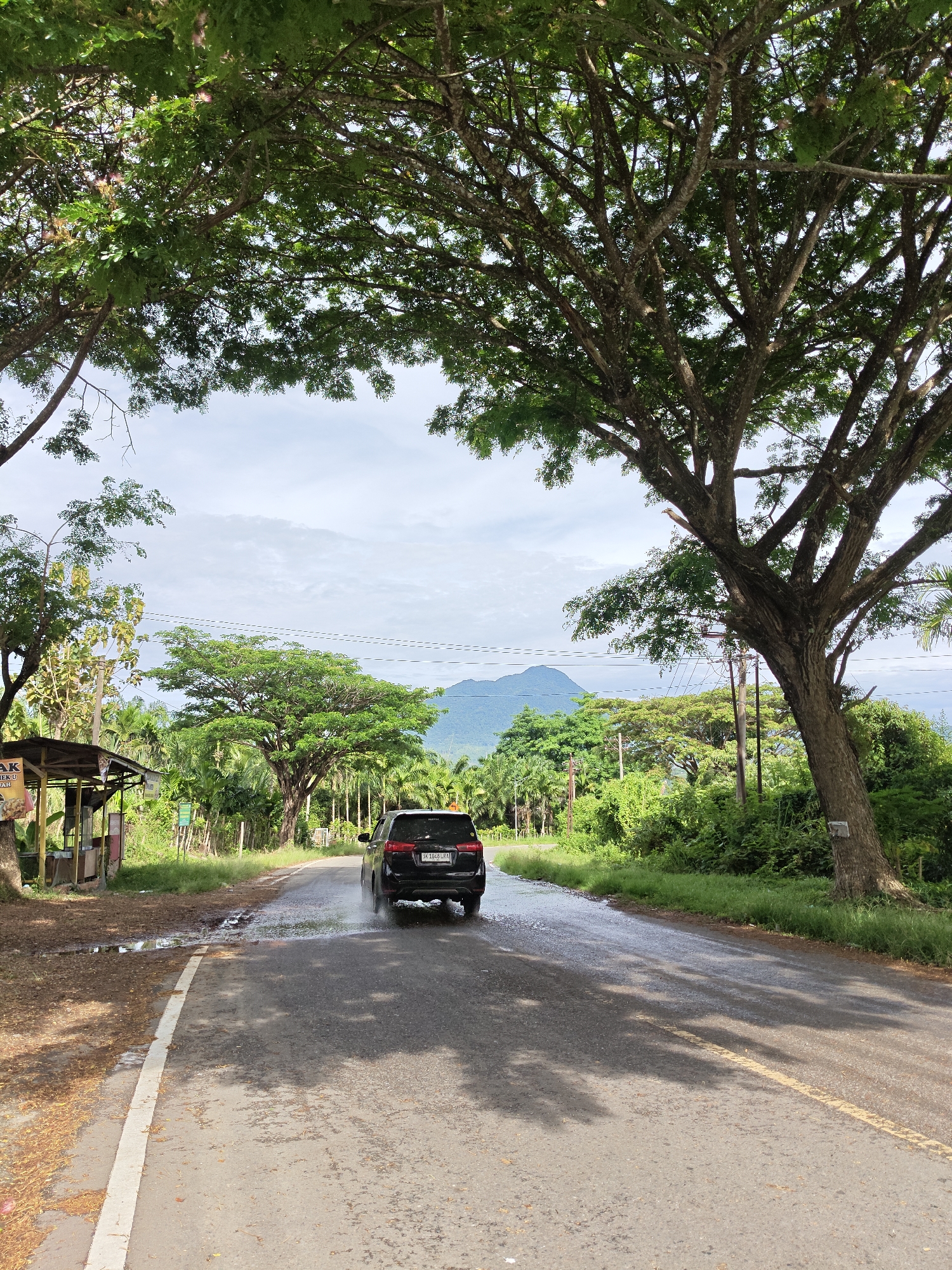 A black car is driving on a wet asphalt road in a rural area of Unknown, Indonesia. The road is lined with trees that form a canopy overhead, creating a tunnel-like effect. The car is driving away from the viewer, and its license plate is partially visible. The background features lush green vegetation and a mountain range in the distance. A small roadside structure is visible on the left side of the road. The sky is overcast with some blue patches peeking through.