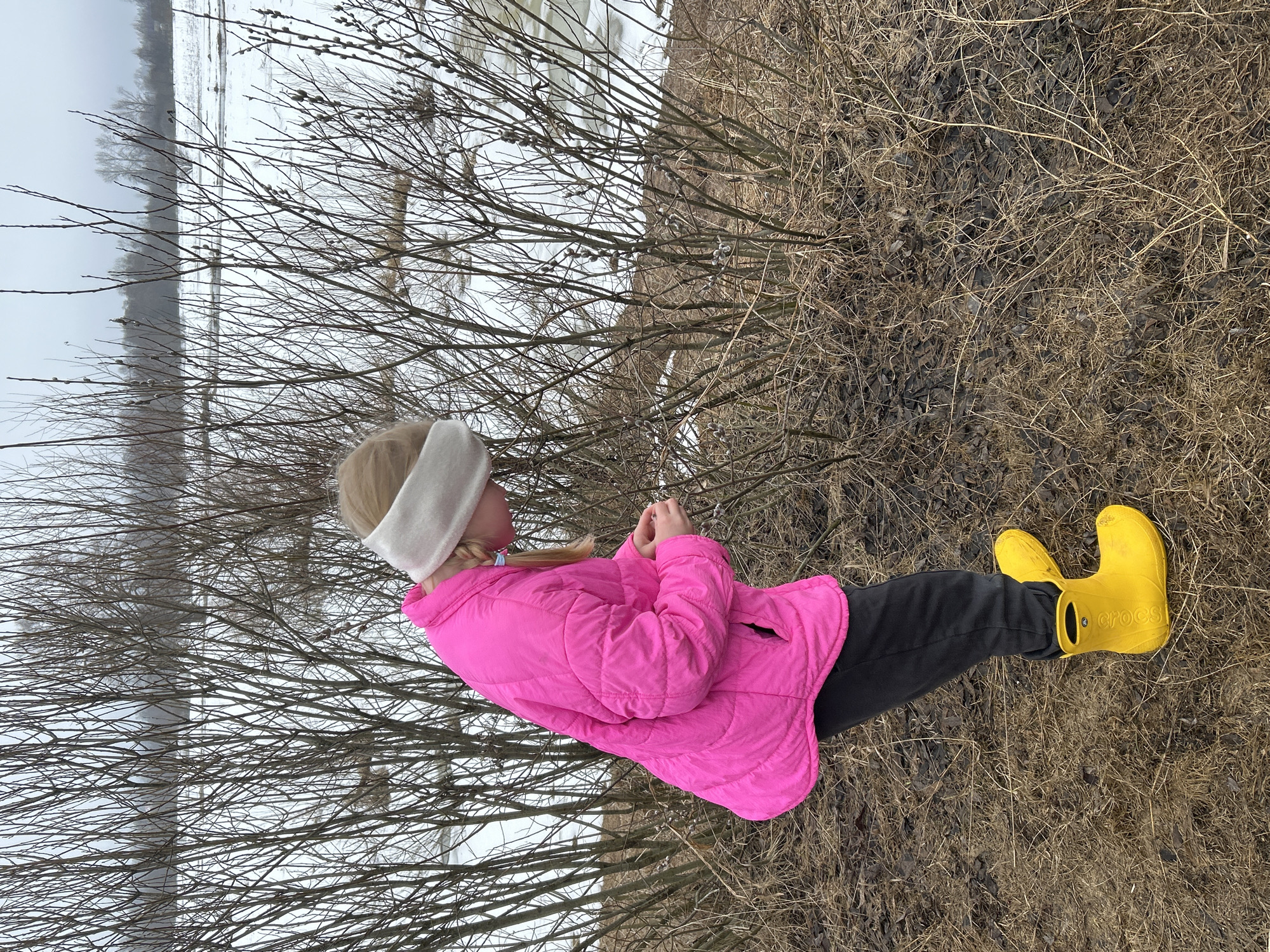 A young girl stands outdoors in Уральское, Russia. She wears a white headband, a bright pink puffy jacket, dark pants, and yellow Crocs rain boots. She is standing amidst bare branches and dried vegetation. Beyond the branches, there is a snowy area, possibly a field. The sky is overcast. The girl is holding her hands together in front of her, looking at something in her hands.