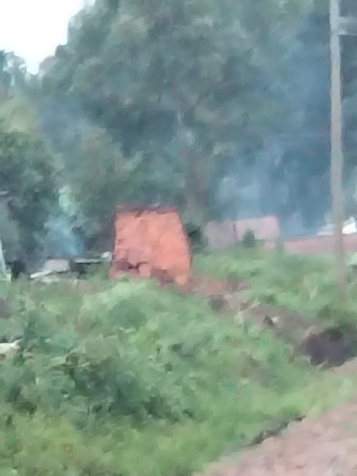 This image captures an outdoor scene in Nyansiongo ward, Kenya. In the midground, a prominent, roughly rectangular structure, approximately 2-3 meters in height, is visible, constructed from reddish-brown material, consistent with stacked earth blocks or bricks. Multiple plumes of light grey smoke emanate from areas to the left and directly behind this structure, indicating ongoing combustion. Further to the left of the reddish structure, indistinct dark objects or additional structures are partially obscured by smoke. The foreground is covered with dense green vegetation, including grass and bushes, interspersed with areas of exposed, darker soil. The background consists primarily of a dense canopy of green trees. A slender, dark, vertical object, consistent with a utility pole, is present on the far right side of the frame. No individuals are discernible within the image.