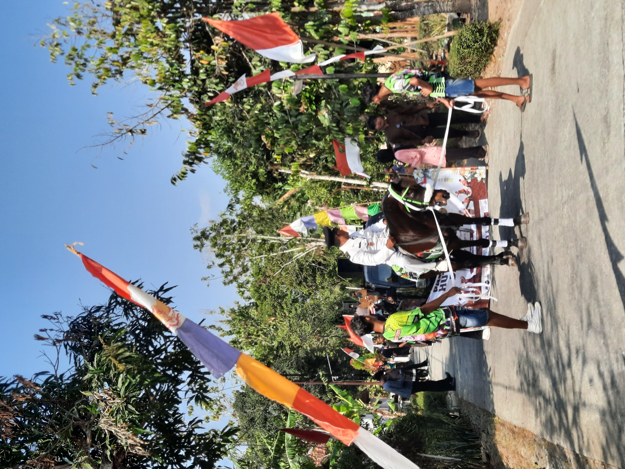 The image depicts a street scene in Lugu, Indonesia, likely during a parade or cultural event. A person in a white uniform rides a dark brown horse adorned with decorative green and white tassels and a white bridle. In the foreground, two young men stand on the right side of the road. One, wearing a green and black patterned shirt and denim shorts, holds a white rope that is attached to the horse. The other man, in a green and black patterned t-shirt and denim shorts, stands near him. Several Indonesian flags, primarily red and white, are visible, some on poles and others attached to a processional float or banner in the background. The environment is characterized by lush green trees and foliage, suggesting a tropical or subtropical climate. The sky is clear and blue. The overall atmosphere appears festive and celebratory.