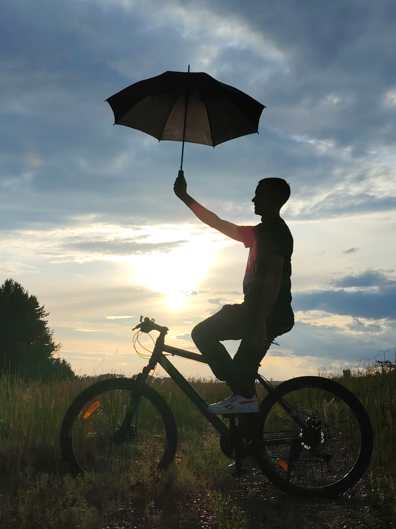 A silhouette of a young man on a bicycle is captured at sunset. He is holding an open black umbrella aloft with his right hand. The man is wearing a dark t-shirt and dark pants, with white athletic shoes. The bicycle is dark in color, and its wheels are visible, with an orange reflector on the front wheel.
The scene is an outdoor setting, likely a field or grassy area, with tall grass and vegetation in the foreground. In the background, there are trees on the left and what appears to be a utility pole or industrial structure on the right. The sky is filled with dramatic clouds, with the sun setting behind them, casting a warm glow and creating a bright horizon. The overall mood is serene and perhaps a bit whimsical, with the man and his umbrella silhouetted against the vibrant sky. The time of day is clearly sunset, and the weather appears to be partly cloudy. The location is contextualized as Chaikovsky, Russia. There is no visible text in the image.