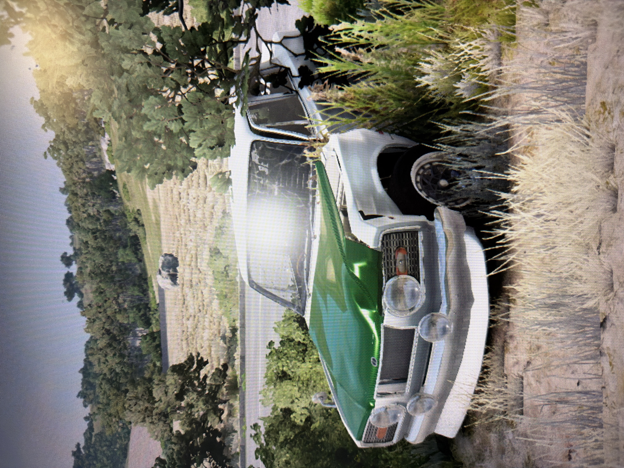 The image depicts an older model car, predominantly white with a green hood, situated off-road in a bright, rural landscape. The car is positioned on the right side of the frame, appearing to be nestled into or slightly impacted by an embankment densely covered in tall, dry, light-colored grass and bushes. The front of the vehicle is visible, featuring a dark, slatted grille, two main round headlights, and two smaller auxiliary lights mounted below them on the bumper. A multi-spoke wheel is partially visible on the right.
The surrounding environment consists of lush green trees lining the left side and extending into the background. A wide, open field with dry, pale vegetation stretches across the mid-ground, leading to a hazy horizon in the distance. The scene is illuminated by bright sunlight, evidenced by a prominent lens flare on the left side of the image, suggesting a clear, sunny daytime.
No people are visible in the photograph. The image exhibits pixelation and faint horizontal lines, indicating it is likely a photograph taken of a digital screen. There is no visible text. The setting implies an off-road adventure or possibly a rally event.