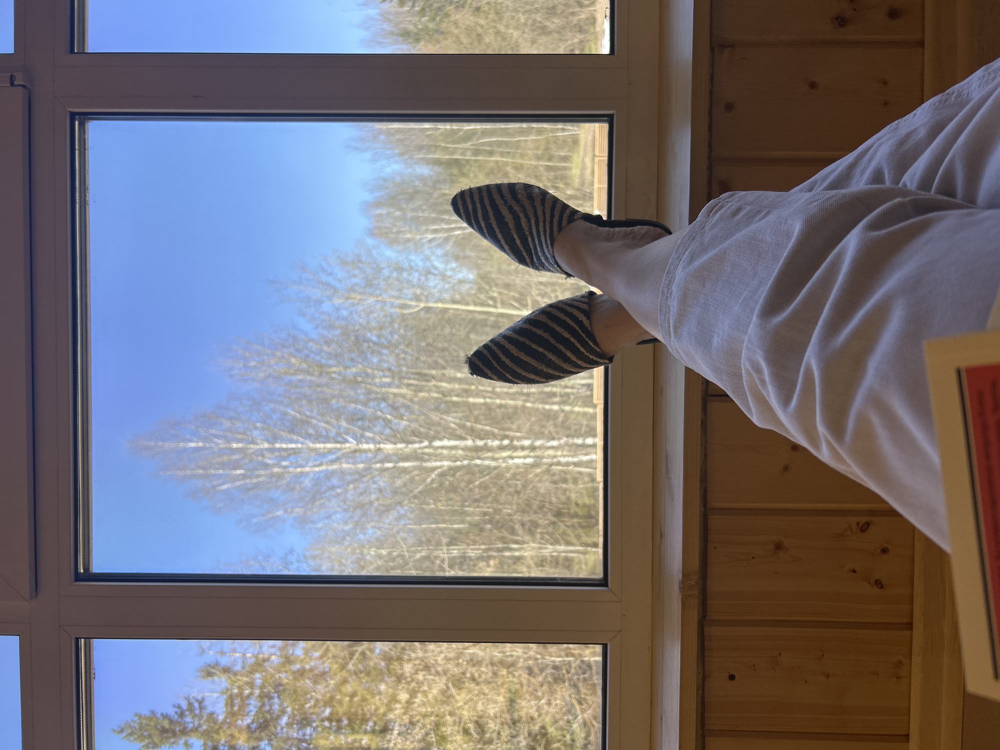 The image shows a person's legs resting on a windowsill, with striped slippers on their feet. The view through the window reveals trees and a blue sky. The interior walls appear to be wood paneling. There is no information present in the image to determine if the location is in Izhevsk, Russia.
