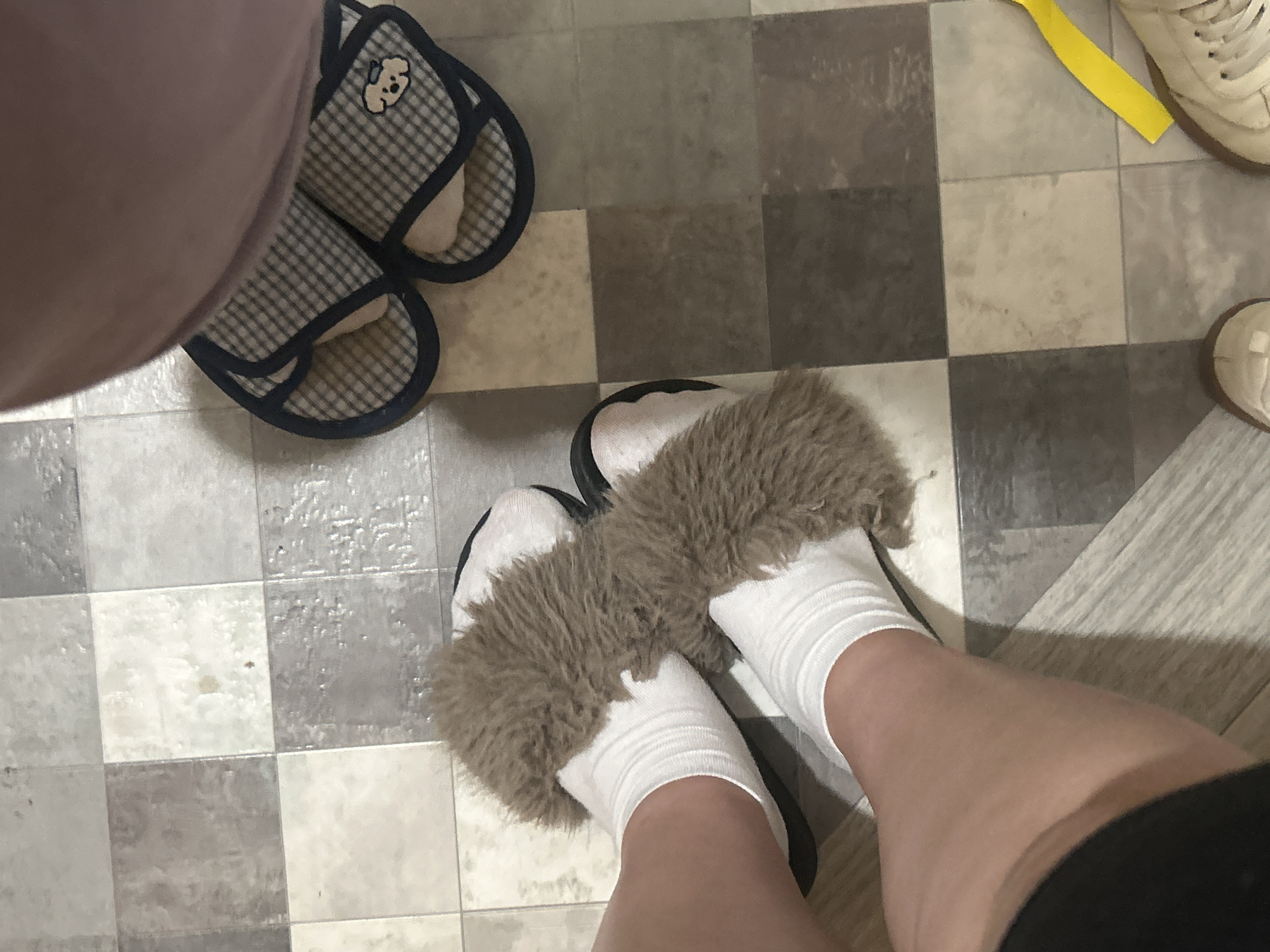 This image shows a close-up view of a person's legs and feet on a tiled floor. The person is wearing white socks and furry slippers on one pair of feet, and checkered slippers with a dog embroidered on them on the other. The tiled floor has a pattern of light and dark squares. There is also a hint of pink fabric visible at the top of the image. The scene does not provide any information that can be used to determine the location in the city of Basarabeasca, Moldova.