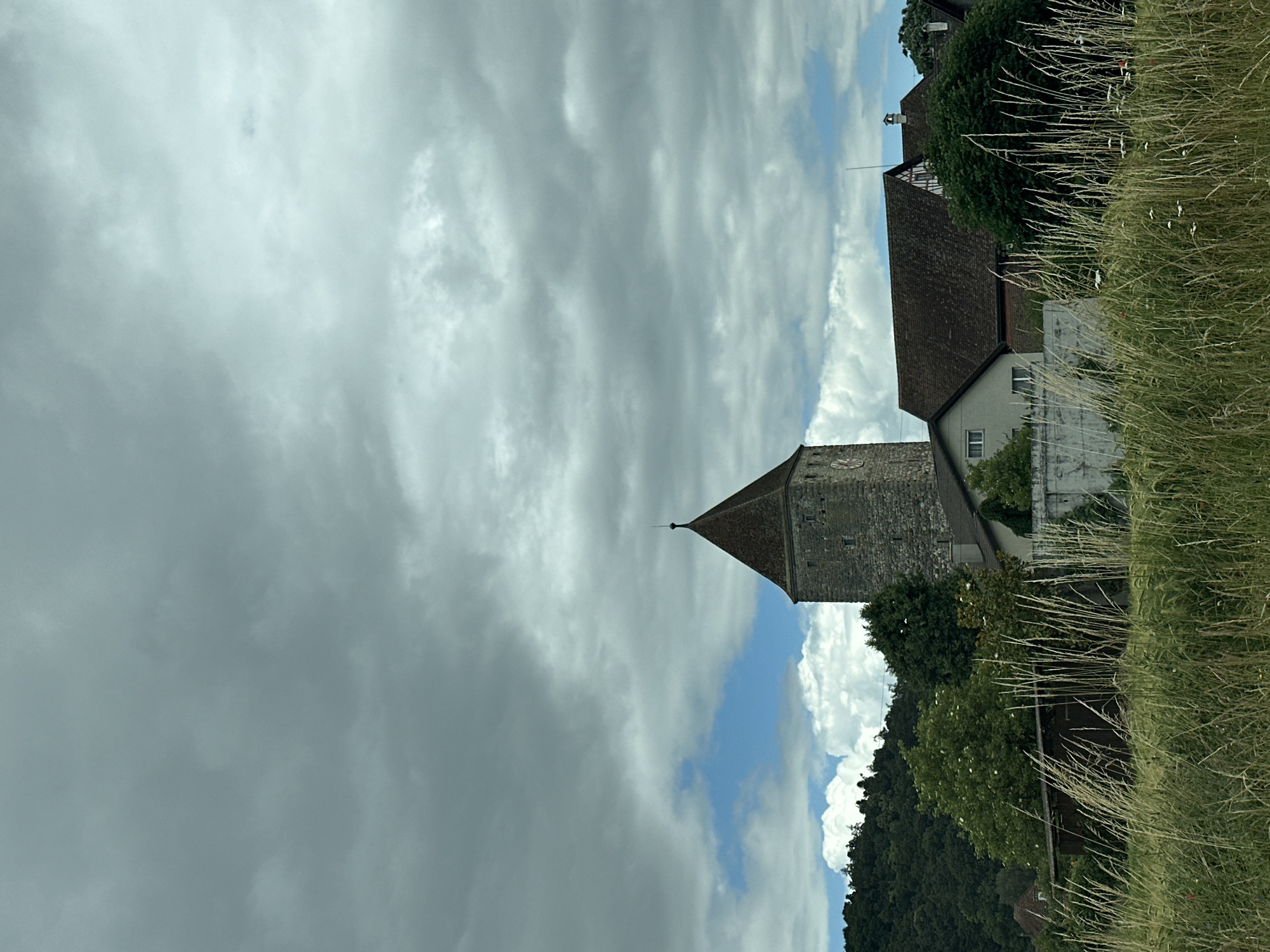 The image captures a scenic view of historical architecture nestled in a natural landscape, characteristic of Zurzach, Switzerland, under a partly cloudy sky.
In the midground, a prominent stone tower with a dark, pointed, pyramidal roof stands centrally. A circular clock face, whose numbers are not legible, is visible on one side of the tower. A slender spire or lightning rod extends from the apex of the roof. Adjacent to the tower on the right, several traditional buildings feature steep, dark-tiled roofs and light-colored walls. One building notably displays a half-timbered upper section beneath its gable.
The immediate foreground on the right is dominated by a field of tall, somewhat dry-looking grass, interspersed with small white and red wildflowers, suggesting a rural or semi-rural setting. In the background, dense, dark-green forests cover rolling hills, adding depth to the landscape.
The sky occupies a significant portion of the upper and left parts of the frame, presenting a dynamic mix of thick grey clouds and vibrant patches of blue sky with some white cumulus clouds. The lighting indicates it is daytime. No people or discernible activities are present in the image. The scene conveys a sense of serene, historical charm integrated with nature.