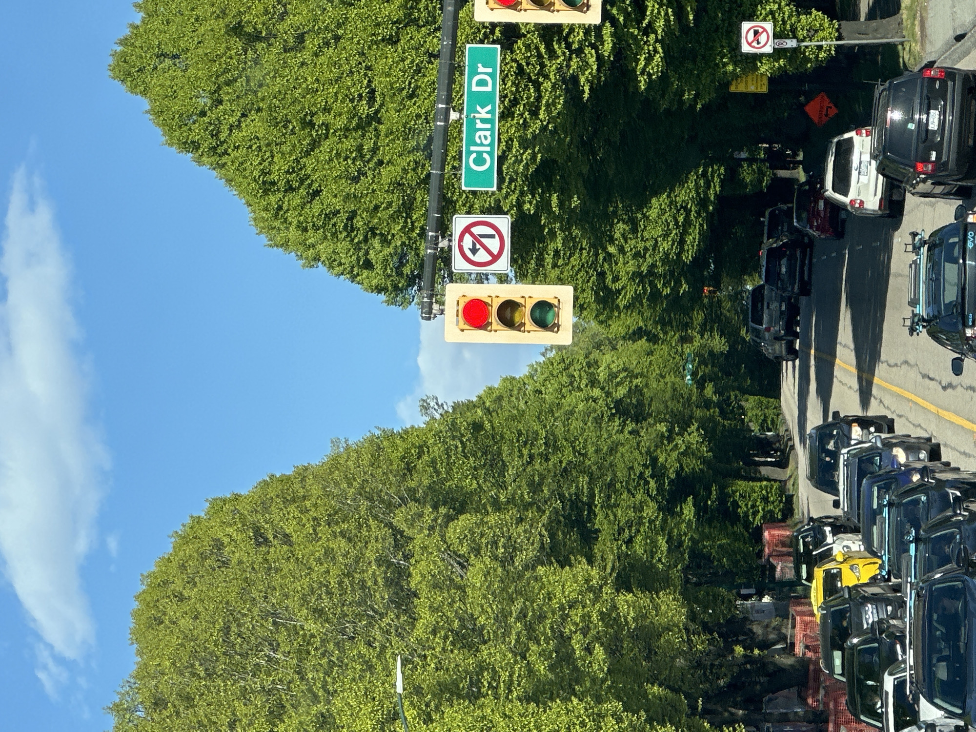 The image shows a street scene, likely in Vancouver, Canada, based on the "Clark Dr" street sign visible. The focus is on a traffic light showing red and green lights simultaneously. A "No Left Turn" sign is posted below the street sign. A line of vehicles, mostly dark colored, are stopped on the right side of the road. Green trees line both sides of the road. The sky is visible on the left, with a few clouds.
