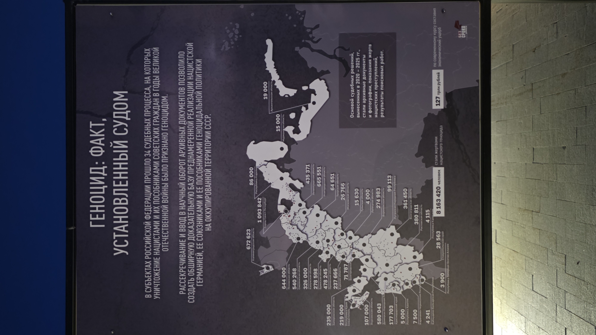 The image shows an information board with a map and text in Russian, likely displayed in a museum or historical exhibition.
**Title:** The main title of the board reads "Genocide: Fact, Established by Court".
**Content Overview:** The board presents information related to the recognition of the actions of Nazis and their collaborators against Soviet citizens during the Great Patriotic War (World War II) as genocide by Russian courts. The map visually represents different regions and provides numerical data, likely representing the number of victims of Nazi genocide in those areas.
**Textual Information:**
* It states that 34 court cases in the Russian Federation have recognized the destruction of Soviet citizens by Nazis and their collaborators during the Great Patriotic War as genocide.
* It mentions that the declassification and introduction of archival documents allowed for the creation of an extensive evidentiary base for the premeditated implementation of Nazi Germany's genocidal policies in the occupied territories of the USSR.
* It states that court rulings in 2020-2025 show the importance of archive documents, photographs, victims testimony, and other evidence.
* The financial impact in modern terms is 127 Trillion Rubles of economic damage.
**Map Visuals:**
* The map appears to cover a portion of Western Russia and neighboring territories.
* Different regions are outlined, and numbers are associated with them, suggesting casualties or victims in those areas.
* Some areas show numbers as high as 1,093,842 and others as low as 3,900.
**Overall Impression:** The board aims to present a historical narrative about the recognition of Nazi actions as genocide, supported by court cases and documented evidence. The information is presented in a serious and informative manner, suggesting a memorial or educational setting.
**Location:** No information is included on the board or in the image about the city of Zaitsevo (Verevskoe S/P), Russia.