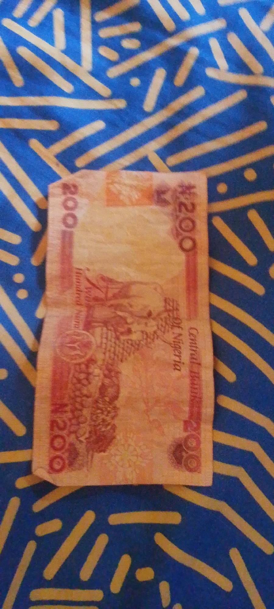 This is an image of a Nigerian 200 Naira banknote. The banknote is primarily orange and pink in color and displays several visible details. On the left side, the number "200" is printed vertically in large numerals. Below this, "Two Hundred Naira" is written in smaller text. The right side of the banknote features the text "Central Bank Of Nigeria" printed vertically. The number "200" is also visible on the right side, along with some decorative elements and a circular seal. The banknote appears to be placed on a blue fabric with a pattern of yellow lines and dots. There are no people visible in the image, and the setting appears to be indoors with the banknote lying on a surface. The lighting is neutral, and there are no clear indicators of the time of day or weather conditions. The overall image focuses on the currency itself, highlighting its design and denomination. The location context provided is Jalingo, Nigeria, which suggests the origin or context of the banknote.