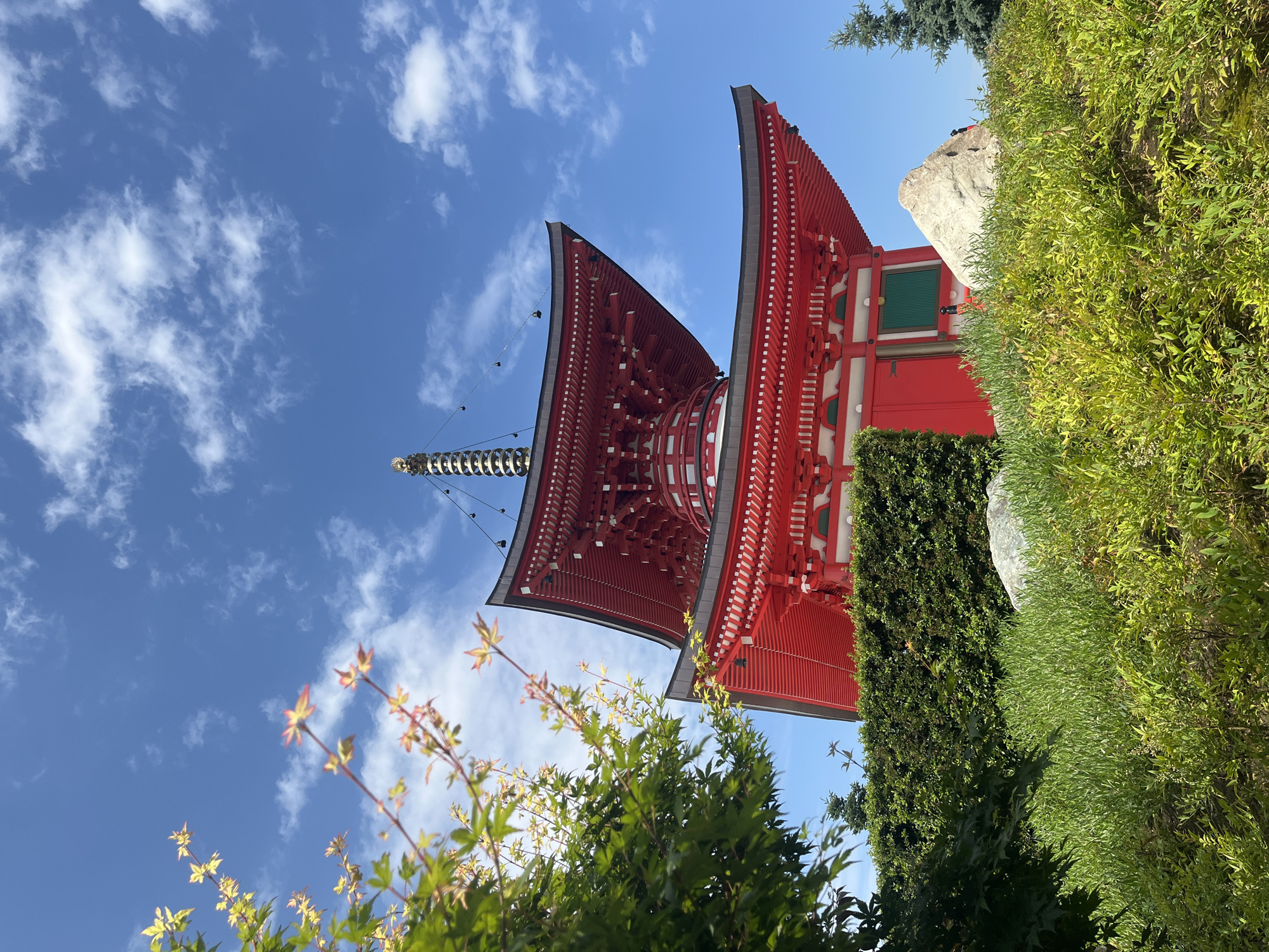 The image depicts a vibrant red, multi-tiered pagoda set against a bright blue sky with scattered white clouds. The pagoda features traditional Japanese architecture with curved eaves and intricate detailing. Lush green foliage, including bushes and trees, surrounds the base of the structure, with a few rocks interspersed. In the foreground, branches with small green and reddish leaves are visible, suggesting a garden or park setting. The sunlight casts shadows, indicating it is daytime. There are no people visible in the image. This structure is the Japanese Pagoda located in Krasnodar, Russia.