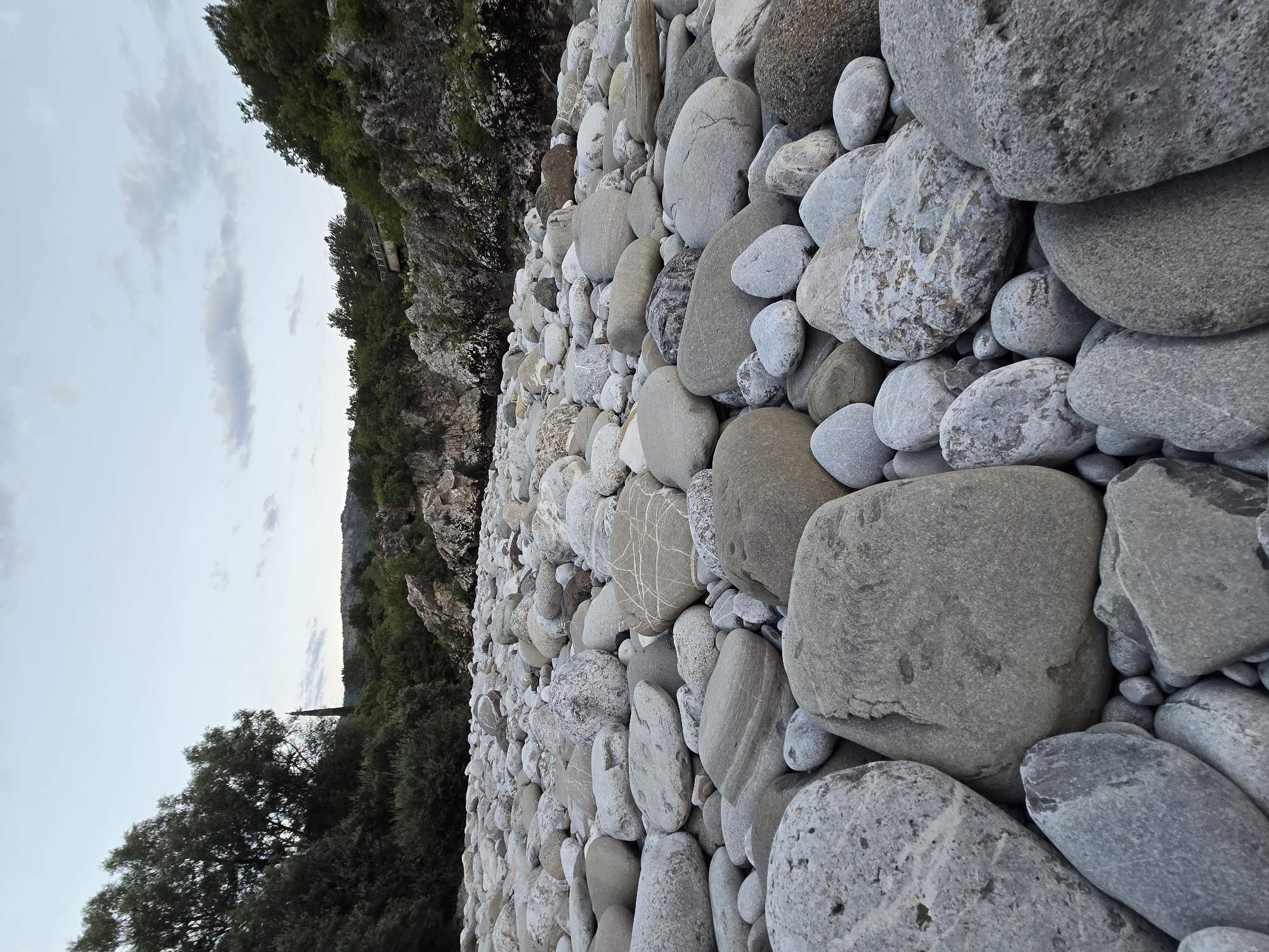 The image shows a low-angle view of a rocky riverbed in Bioče, Montenegro. The foreground is dominated by a dense collection of smooth, gray river stones of various sizes, with some larger, more prominent rocks in the immediate foreground. In the middle ground, the riverbed continues, leading towards a rocky bank lined with dense green trees and bushes. The background features a lush, tree-covered hillside under a pale, cloudy sky. A narrow, elevated walkway or bridge structure is visible in the distance, spanning across the rocky terrain. The scene appears to be an outdoor, natural environment with no people visible.