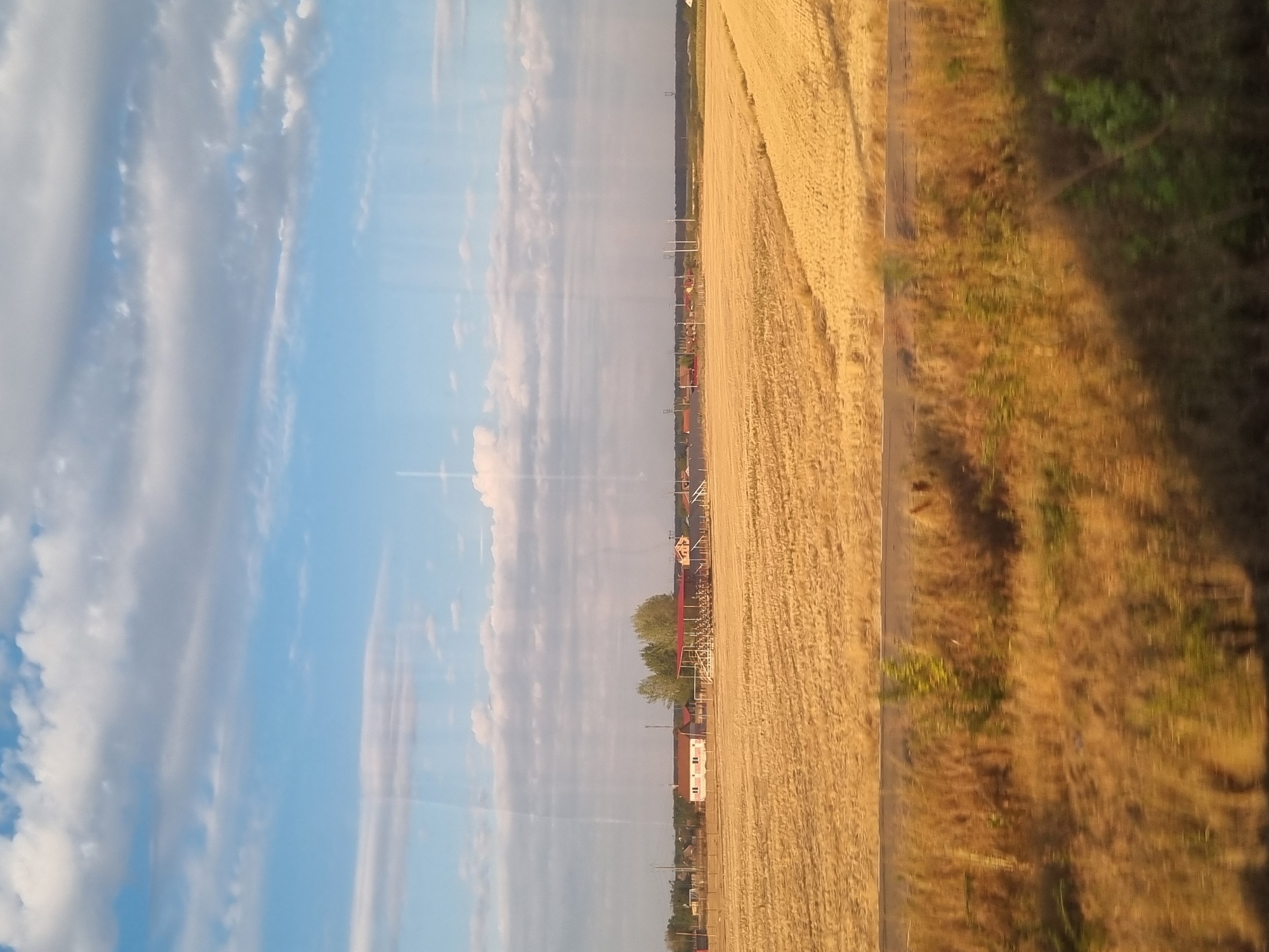 The image depicts a rural landscape under a partly cloudy sky. In the foreground, there is a blurry area of dry grass and vegetation, suggesting movement. A road or pathway is visible horizontally across the middle ground, separating this vegetation from a large, golden field of harvested grain or straw. In the background, a cluster of buildings, possibly houses and farm structures, are visible. Some of these buildings have red roofs, and there are trees scattered throughout this settlement. The overall impression is of a sunlit, rural scene, likely in Bicaci, Romania, given the context. There are no people or specific actions clearly discernible in the image.