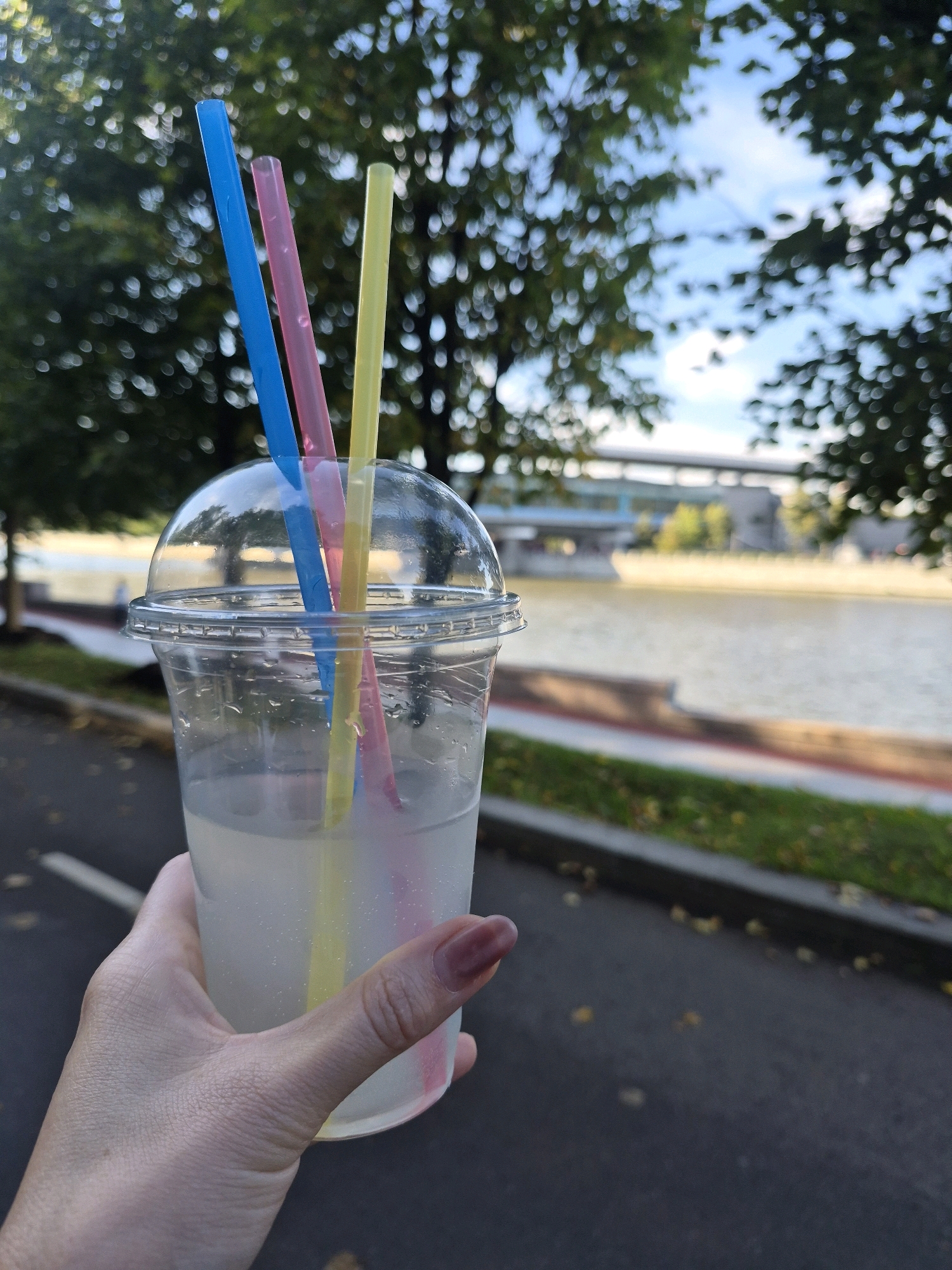 A person's hand holds a clear plastic cup filled with a pale yellow liquid and three straws: blue, pink, and yellow. The cup has a domed lid. The background is blurred, showing green trees with bokeh effects and a body of water. In the distance, a modern building and a bridge are visible. The scene suggests an outdoor setting, possibly a park or promenade along a river in Moscow, Russia. The pavement is visible in the foreground, with some fallen leaves scattered on it. The sky is partly cloudy.