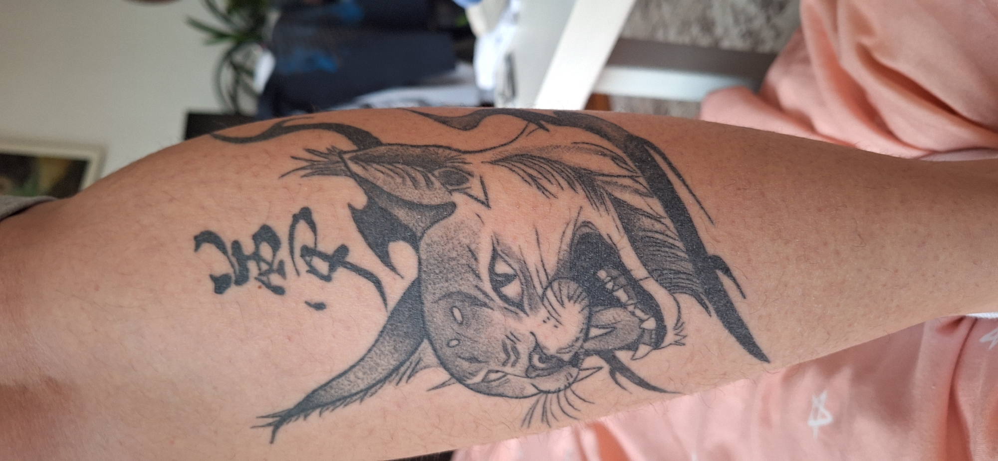 A close-up shot shows an arm with two tattoos. One tattoo is a stylized black ink illustration of an animal, potentially a fox or wolf, with its mouth open in a snarl. The other tattoo appears to be a set of East Asian characters in black ink. The arm rests on a light pink sheet. The background is blurred, but suggests an indoor environment with furniture and a plant. The image does not show any location information related to the city of Blagoevgrad, Bulgaria.