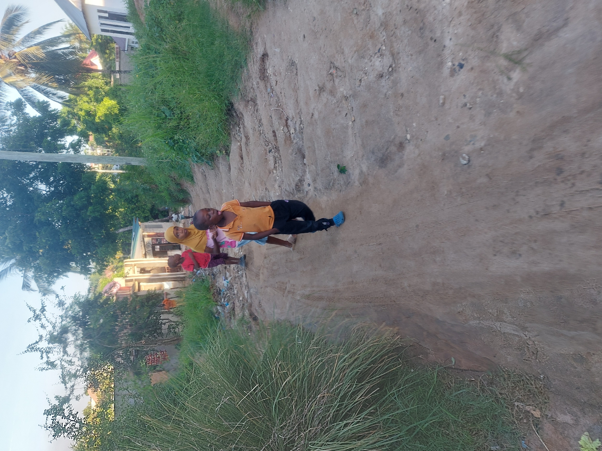 The image depicts an unpaved dirt road in what appears to be a lower-income neighborhood. Three children are present on the road. One child, wearing an orange shirt and black pants, is walking down the road. To the left is another child wearing a red shirt, and further back is a child wearing a tan head covering and a pink shirt. There is an abundance of trash present on the side of the road. There are several building facades in the background and some trees and vegetation, including a palm tree. Given the environment, the location might be in a more remote area of Dar es-Salaam or a less affluent outer suburb, but without specific signage or landmarks, pinpointing the exact location is difficult.