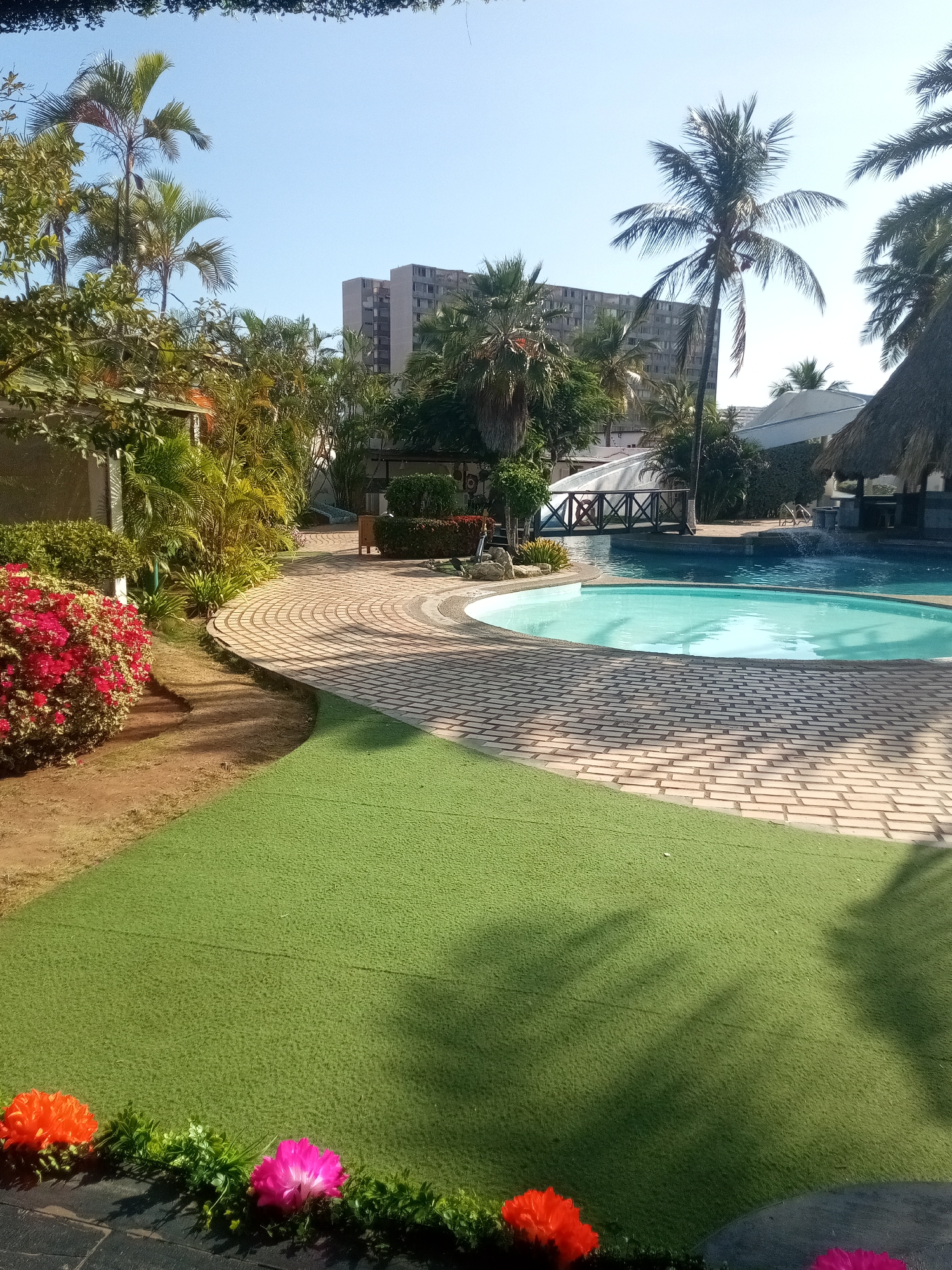 The photograph depicts a resort swimming pool area in Porlamar, Venezuela. A kidney-shaped pool with turquoise water is surrounded by a brick-laid patio. A small decorative bridge spans a narrow part of the pool, leading to a tiki hut bar. Palm trees are visible throughout the scene, and a multi-story building is in the background. In the foreground, artificial green turf is bordered by a row of artificial flowers. A flowering bush is on the left. The scene is bathed in bright sunlight. There are no people visible.