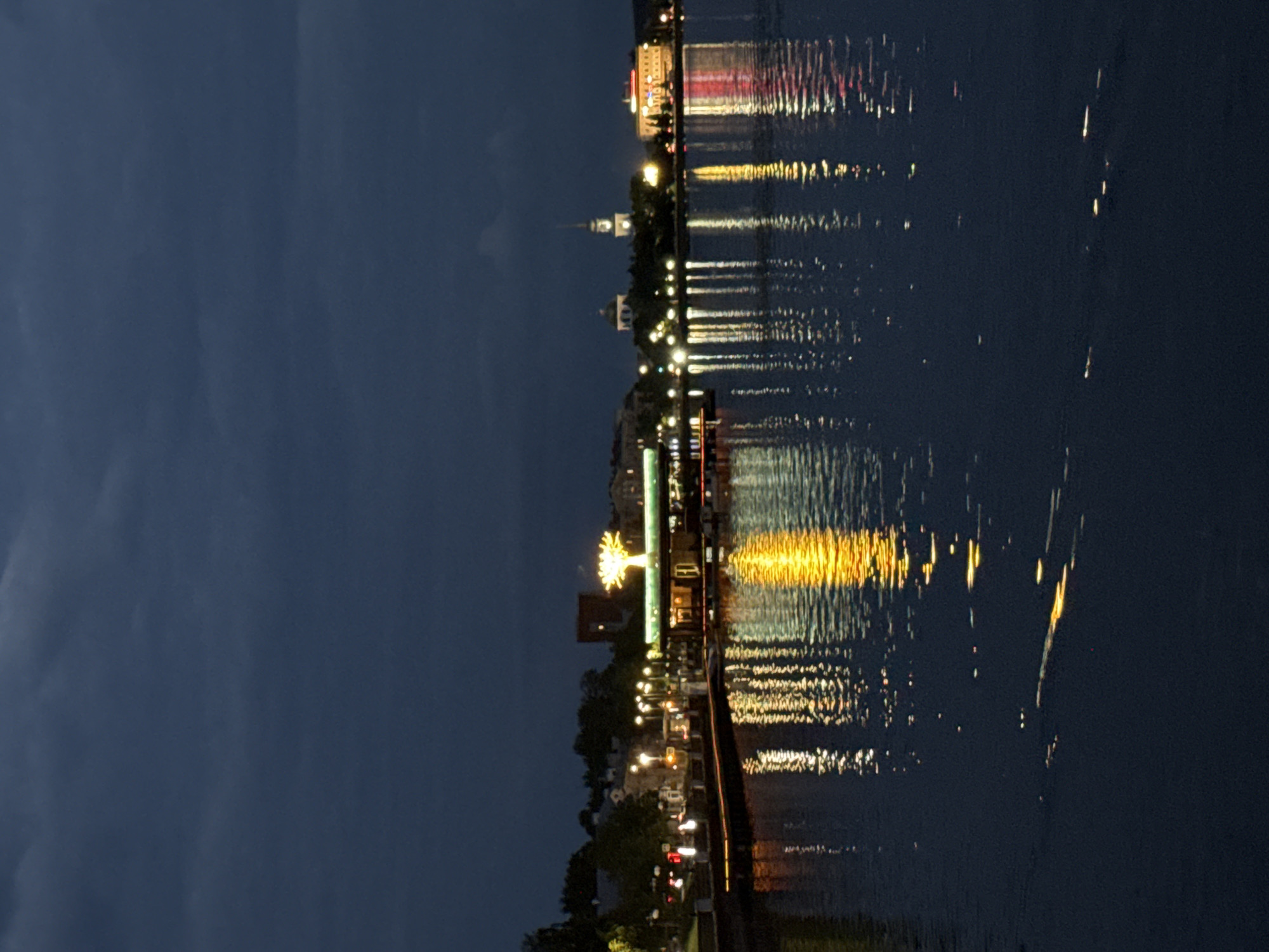 The image captures a nighttime view of the embankment in Votkinsk, Russia. The scene is dominated by the dark water of a river or lake, reflecting the lights from the opposite shore. Prominently featured is a building with a glowing, tree-like structure on its roof, its yellow light casting a strong reflection on the water. Several other buildings with illuminated windows and architectural features are visible along the shoreline, including what appears to be a church with a steeple. Streetlights and other artificial lights create streaks of illumination on the water's surface. The sky above is dark and cloudy, suggesting it is evening or night. The embankment itself, with a low wall and pathway, is dimly lit, and trees line the area. No people are visible in the frame.