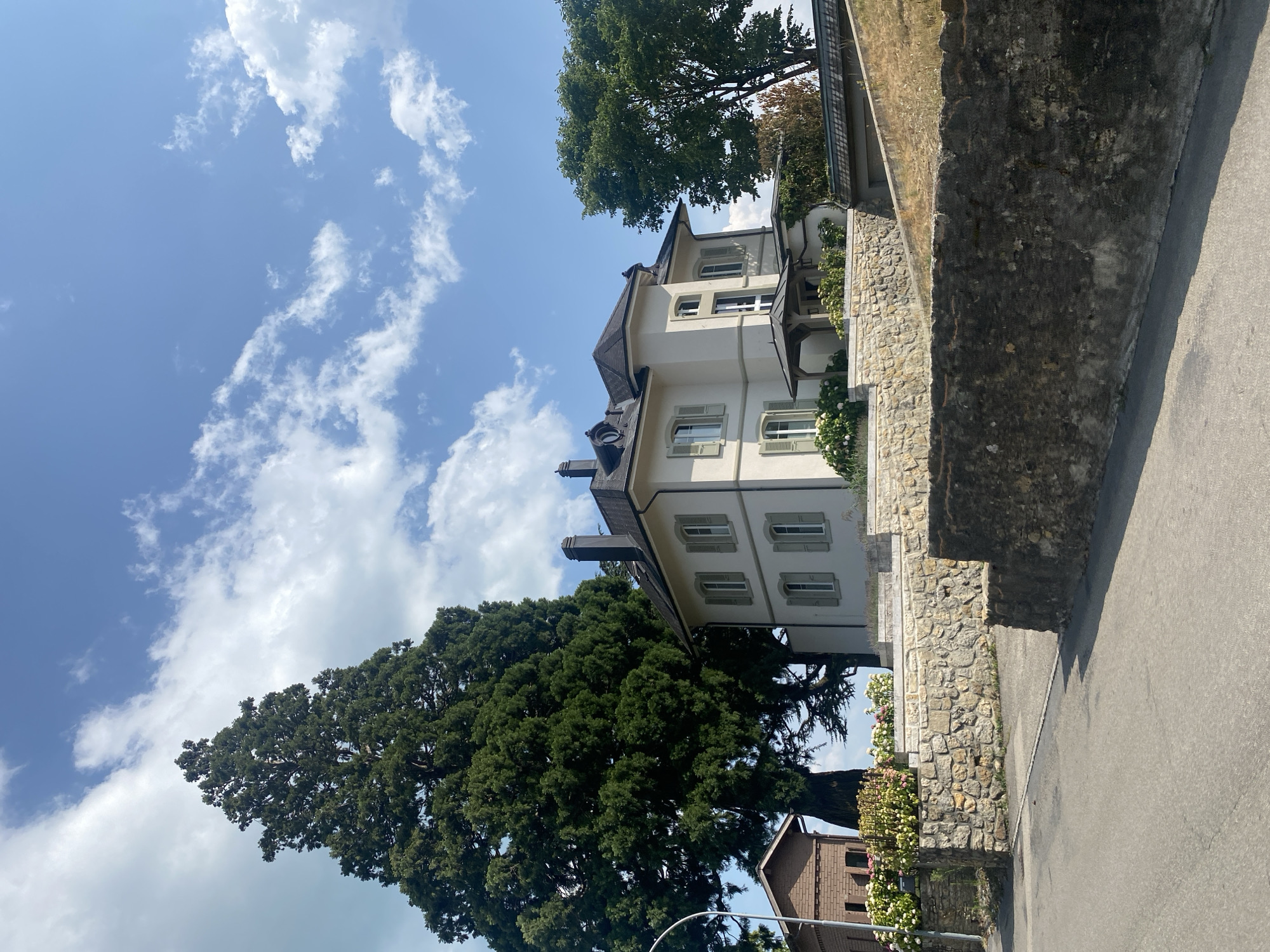 A large, multi-story house with a light-colored facade, dark roof, and multiple windows with green shutters is the primary subject of the image. The house is situated on a slight incline, with a terraced garden and stone retaining walls in the foreground. A very large, mature evergreen tree stands to the left of the house, its dense foliage dominating the left side of the frame. To the far left, a smaller brick building is partially visible. The sky above is blue with scattered white clouds. The scene appears to be a residential area in Milvignes, Switzerland, characterized by well-maintained architecture and lush vegetation.