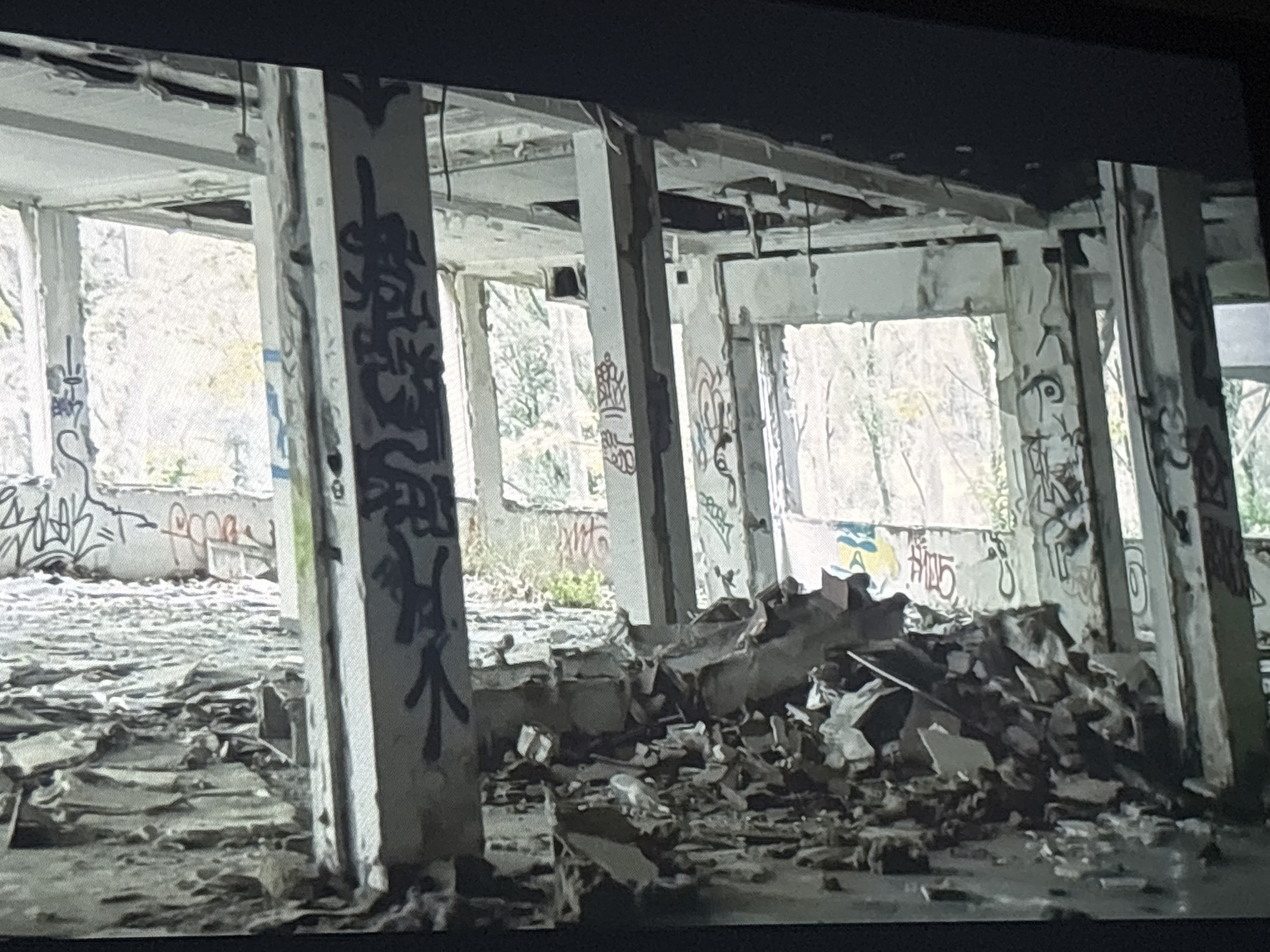 The image depicts the interior of an abandoned building, likely a former industrial or commercial structure. The building is characterized by its concrete pillars, many of which are covered in graffiti. The ceiling is partially collapsed, revealing exposed structural elements. Debris is scattered across the floor, consisting of fragmented building materials such as concrete and plaster. Outside the building's window openings, trees are visible. The scene is devoid of people. The location is Buenos Aires, Argentina, though this is based on external information, not directly evident from the image.