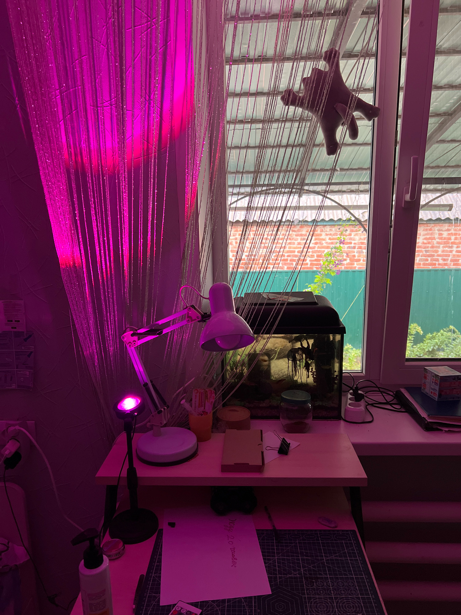 The image shows a cluttered desk with various items, including a lamp, an aquarium, and crafting supplies. The room is illuminated by pink LED lights, casting a strong purple glow on the scene. A window overlooks an outdoor area with a brick wall and a green fence. The overall impression is one of a workspace or hobby area, possibly in a home. The specific location in Morozovsk, Russia is not discernible from the visual information provided.