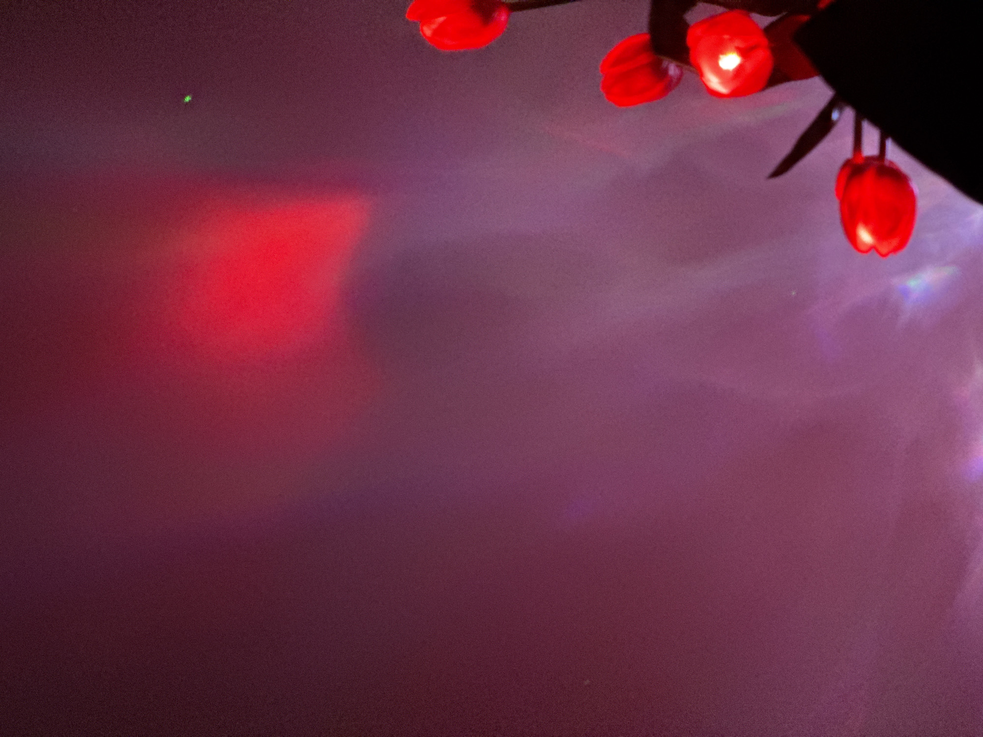 The image shows a dark, grainy background with an uneven, shifting color gradient transitioning from dark red at the bottom to a mix of red, purple, and a lighter pinkish hue towards the top. Several red light sources are visible at the upper right and top center of the image, appearing like illuminated flower buds or bulbs. A dark, vaguely triangular shape obscures part of the right-hand side, possibly an object or structure casting a shadow. There is a single green pixel visible. The scene does not explicitly depict a location in the city of Unknown, Unknown.
