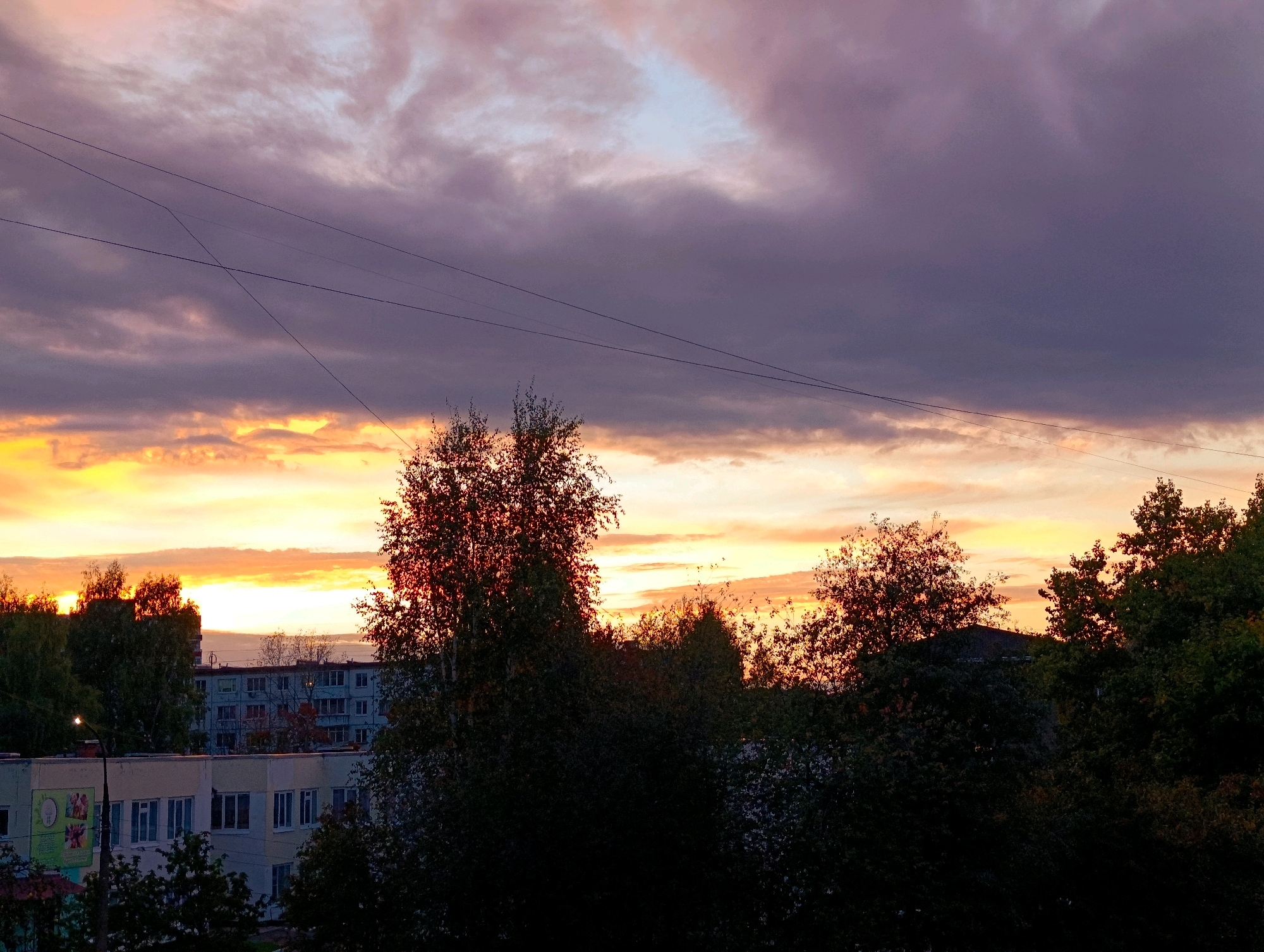 The image depicts a sunset over the city of Chaikovsky, Russia. The sky is filled with a dramatic display of colors, ranging from vibrant orange and yellow near the horizon to deep purples and grays in the upper clouds. Silhouetted against the colorful sky are trees and a few buildings. In the foreground, a dark mass of trees obscures the lower part of the scene. Behind the trees, apartment buildings are visible, their windows reflecting the twilight sky. Several power lines crisscross the sky, adding a man-made element to the natural beauty of the sunset. The overall impression is one of a serene, yet slightly somber, urban landscape at dusk.