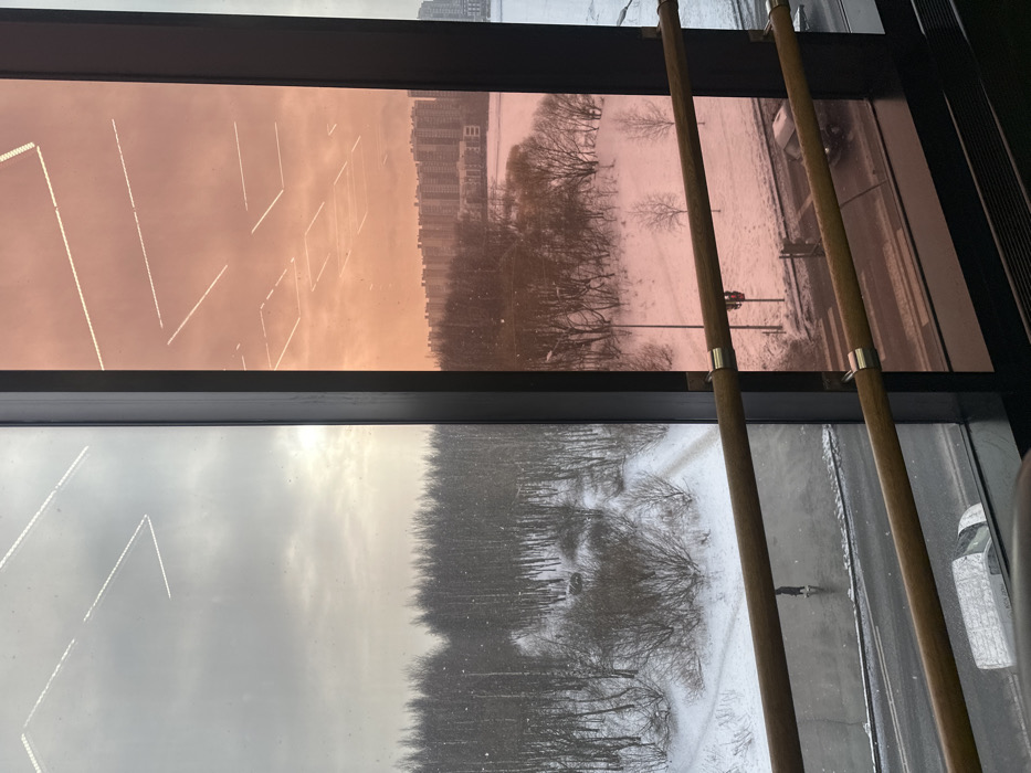 A winter panoramic view is captured from indoors through a large, multi-pane window featuring two horizontal wooden handrails. The left window panel offers an untinted, greyish-white perspective under an overcast sky with a bright, obscured light source. Below, a dense, bare deciduous forest (likely birch) covered in snow occupies the mid-ground, with a visible winding path. A single individual in dark clothing walks along a wet, dark road that separates the forest from the foreground. A white van is partially visible on the road at the bottom left. The right window panel is tinted reddish-orange, creating a warm hue across the reflected indoor linear lights and the external scene. This panel reveals a snow-covered landscape featuring a frozen body of water (likely a river or lake) in the mid-ground, bordered by sparse, bare trees. In the distant background, a dense cluster of multi-story residential buildings forms the city skyline. A streetlight and a dark vehicle, possibly an SUV, are visible on a road with a distinct crosswalk in the lower right. The scene depicts a juxtaposition of urban and natural environments, typical of the **Primorsky District in Saint Petersburg, Russia**, likely overlooking the **Bolshaya Nevka river** with a section of **Udelny Park** visible on the left.