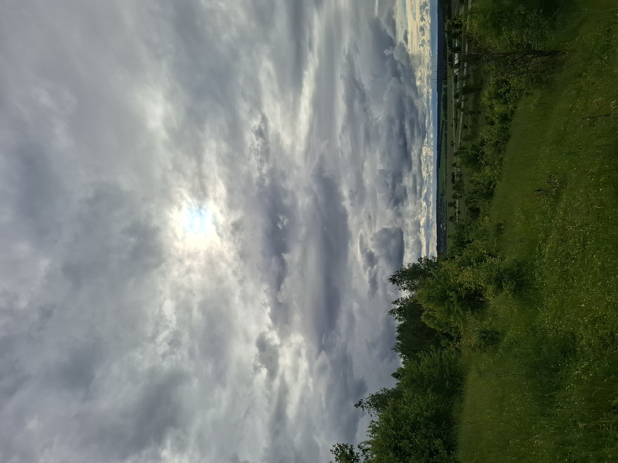 The image depicts a landscape in Khlevnoye, Russia. Overcast skies dominate the view, with sunlight faintly piercing through the cloud cover. The lower portion of the image features a grassy field and shrubbery, with a line of trees delineating the horizon. In the distance, a linear structure or infrastructure is visible. The image is oriented vertically.