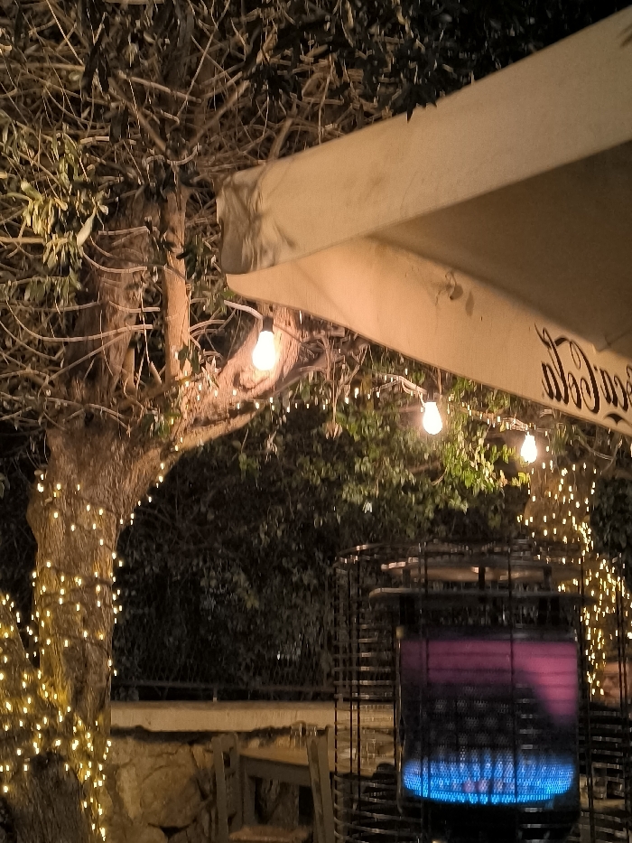 This media file captures an inviting outdoor setting at night, likely a restaurant or cafe patio in Nea Erithrea, Greece. The primary subject is a large, mature tree, possibly an olive tree, its trunk and branches extensively wrapped with warm-toned string lights, creating a festive and cozy ambiance. Additional Edison-style string lights are suspended overhead, casting a soft glow.
In the upper right quadrant, a beige or light-colored awning or large patio umbrella is visible, with an upside-down "Coca-Cola" logo printed on its underside. To the right, a black cylindrical patio heater stands prominently, with a vivid blue flame at its base and a purple-pink glow emanating from its heating element, indicating it is active and providing warmth. This suggests the evening is cool.
Partial views of wooden chairs or benches are visible near the tree and behind the heater. The background features dense foliage and a fence, enclosing the space. The overall scene is devoid of people, allowing the focus to remain on the illuminated environment. The time of day is clearly night, characterized by the dark surroundings illuminated by artificial lights.