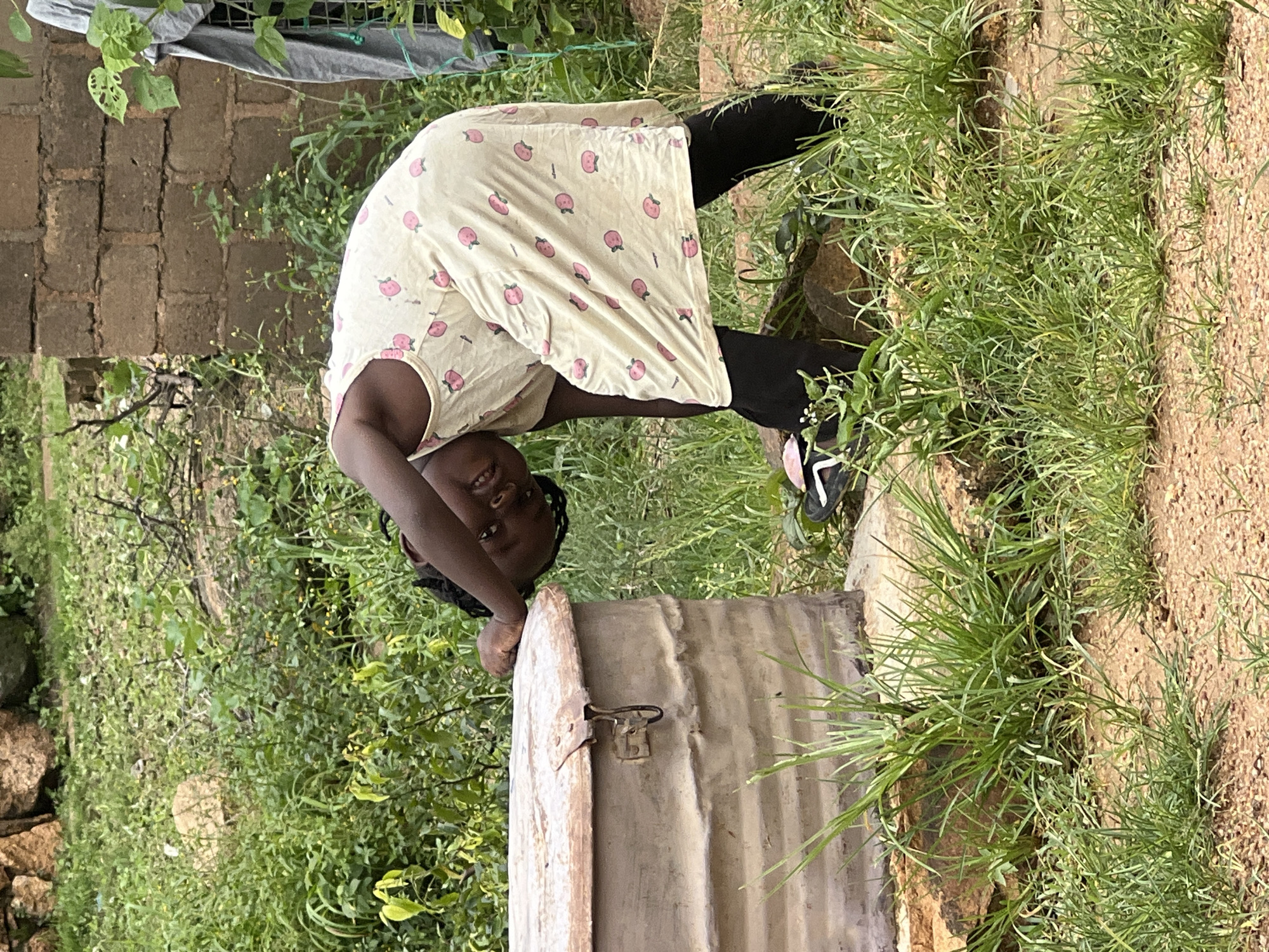 A young Black girl wearing a light-colored dress with pink fruit patterns and black leggings is leaning over a large, corrugated metal drum. She is looking down at the drum with her head tilted and her hands resting on its surface. The drum is weathered and appears to be outdoors, surrounded by lush green grass and some rocks. In the background, there is a brick wall and more greenery. The scene is set in a natural, outdoor environment, possibly a backyard or a rural area within the city of Jos, Nigeria.
