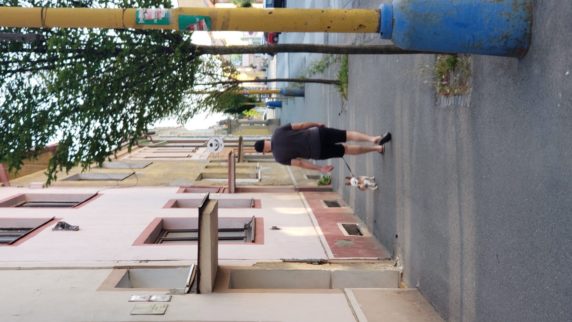 A man wearing a black t-shirt and black shorts, along with a black baseball cap and flip-flops, is walking a small, tan and white dog on a leash along a sidewalk. The man is walking away from the camera, towards the right side of the image. The dog is trotting ahead of the man. The sidewalk is made of asphalt and is lined with buildings on the left and trees and a yellow utility pole on the right. The buildings appear to be old, with varying colored facades and architectural styles. The environment suggests an urban setting, possibly in the city of Prešov, Slovakia, given the architectural style and the presence of a yellow utility pole, which is common in Eastern Europe. The lighting indicates it is daytime, with the sun casting shadows.