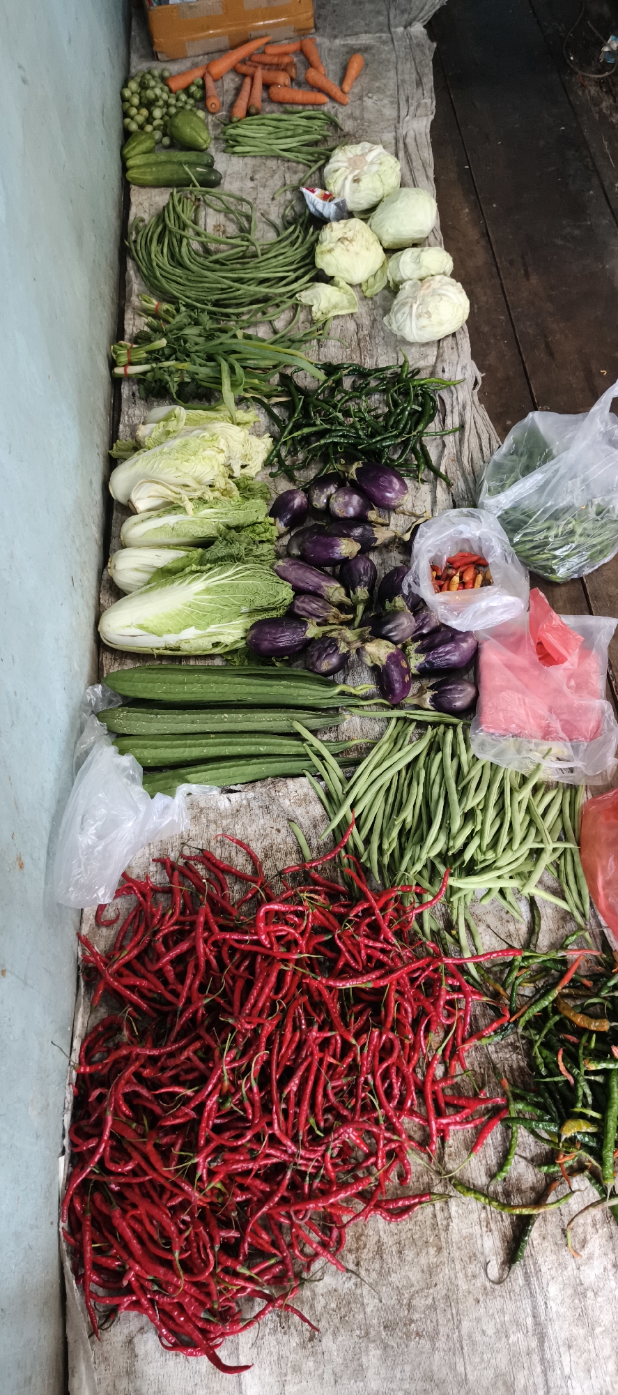 An outdoor market stall in Muaro Jambi, Indonesia, displays a variety of fresh vegetables arranged on a rustic wooden surface covered with a worn fabric. The stall is positioned against a light blue wall on the left and a dark wooden floor on the right. Dominating the foreground is a large pile of vibrant red chilies, intermingled with smaller bunches of green chilies. Behind the red chilies, rows of long green beans are neatly laid out. Further back, on the left, are several elongated, ribbed green gourds. Adjacent to these are bunches of leafy green vegetables, including what appear to be Napa cabbage. Scattered among the vegetables are a few small, purple eggplants. Towards the top of the scene, a pile of carrots and some round green peas are visible. Several white plastic bags containing vegetables and a single red plastic bag are also present. The overall scene captures a snapshot of a local food vendor's offerings, emphasizing the fresh produce and the humble setting.