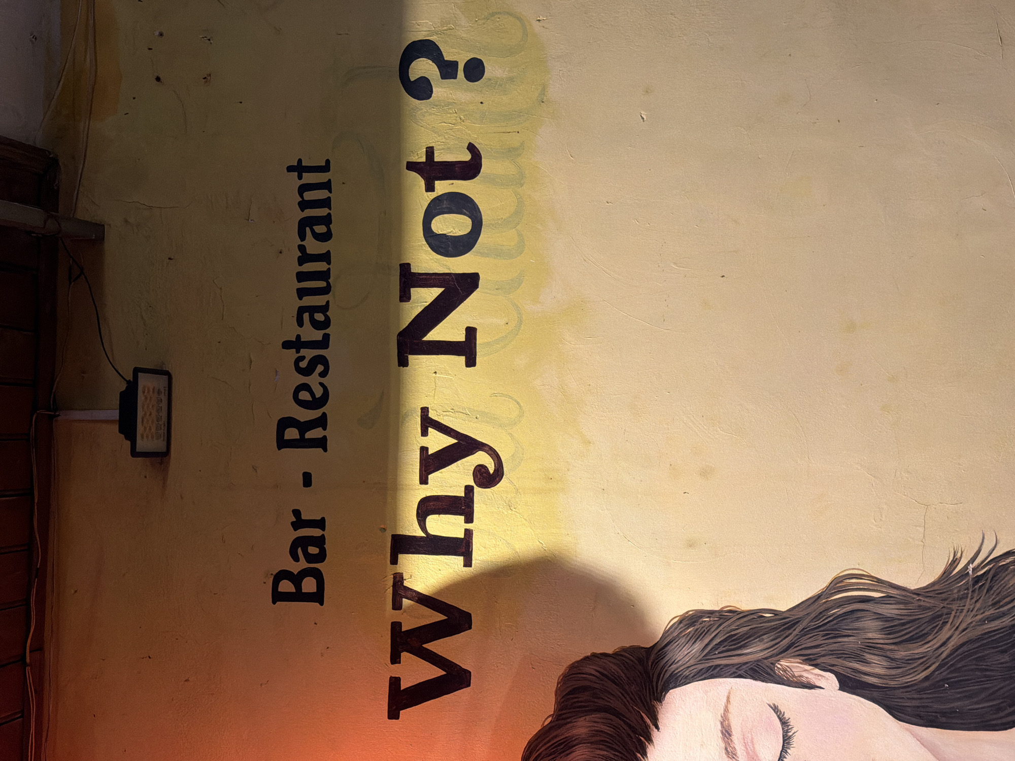 The image shows a wall with text and a partial illustration. The text reads "Bar - Restaurant" in black, stylized font above the large words "Why Not ?" which are also in black stylized font, with the question mark being dark blue. To the left of the text is a partial illustration of a woman's face and hair, with her eyes closed and her head turned to the right. The wall itself is painted a light yellow color, with some areas appearing lighter due to a warm light source casting a shadow on the left side of the image. A black light fixture is visible on the upper part of the wall. The location is identified as Thuận Hóa Ward, Vietnam.