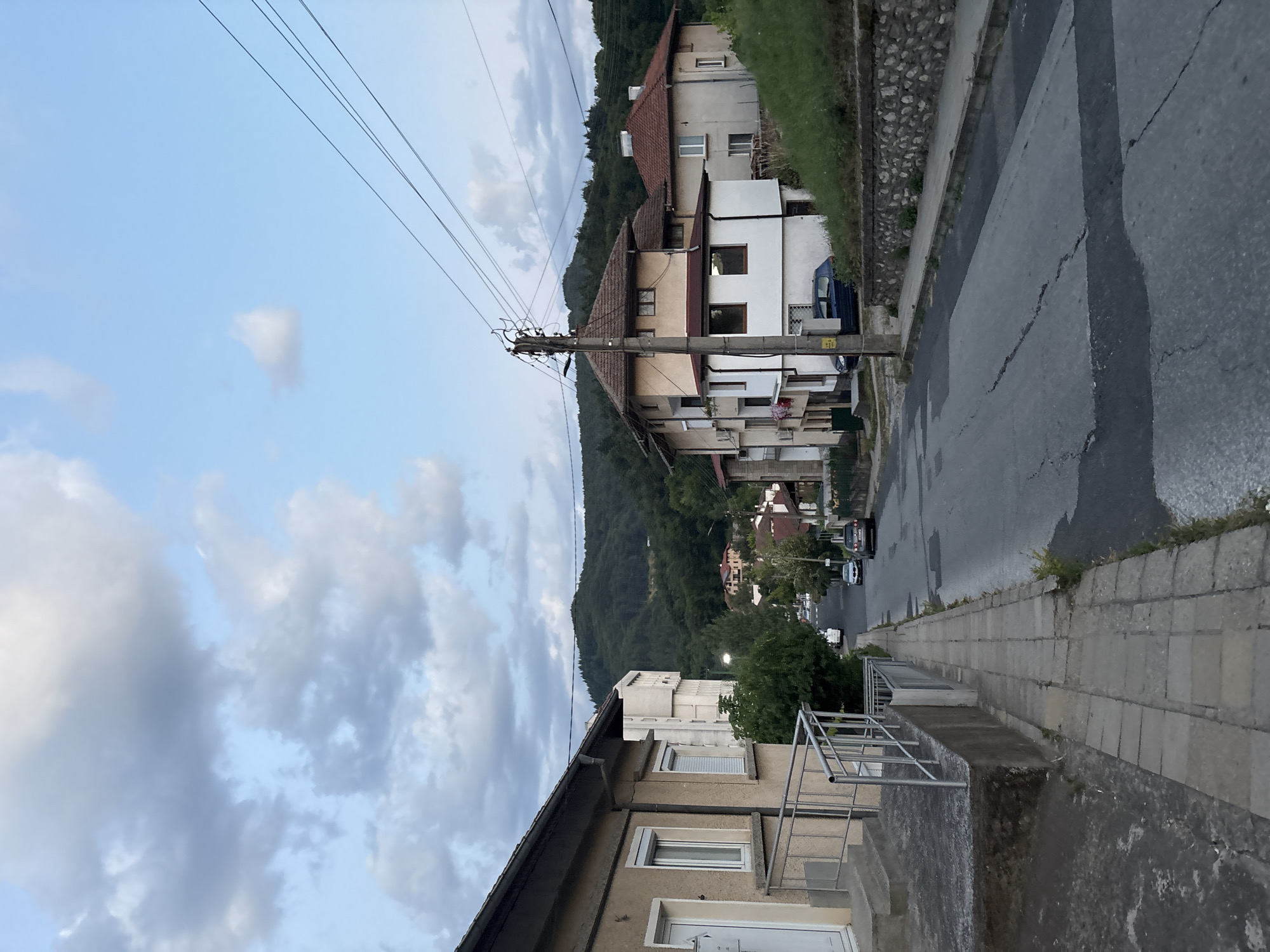 The image depicts a street scene in a town, likely in a hilly or mountainous region, given the presence of a dense forest on the elevated background. The foreground features a paved sidewalk and a street, with cars visible driving and parked. On the left, a light-colored building with a metal railing and steps leads to an entrance. Across the street, several residential buildings are visible, varying in architectural style and color. One building has a prominent tiled roof and a white section at its base, with a dark blue car parked in front. Further down the street, more houses are nestled amongst trees, and the landscape rises into a heavily forested hill. The sky above is partly cloudy, with patches of blue sky showing through the scattered clouds, suggesting it might be late afternoon or early evening. Power lines stretch across the upper part of the frame, supported by a utility pole. The overall impression is of a quiet, residential area in a natural setting.