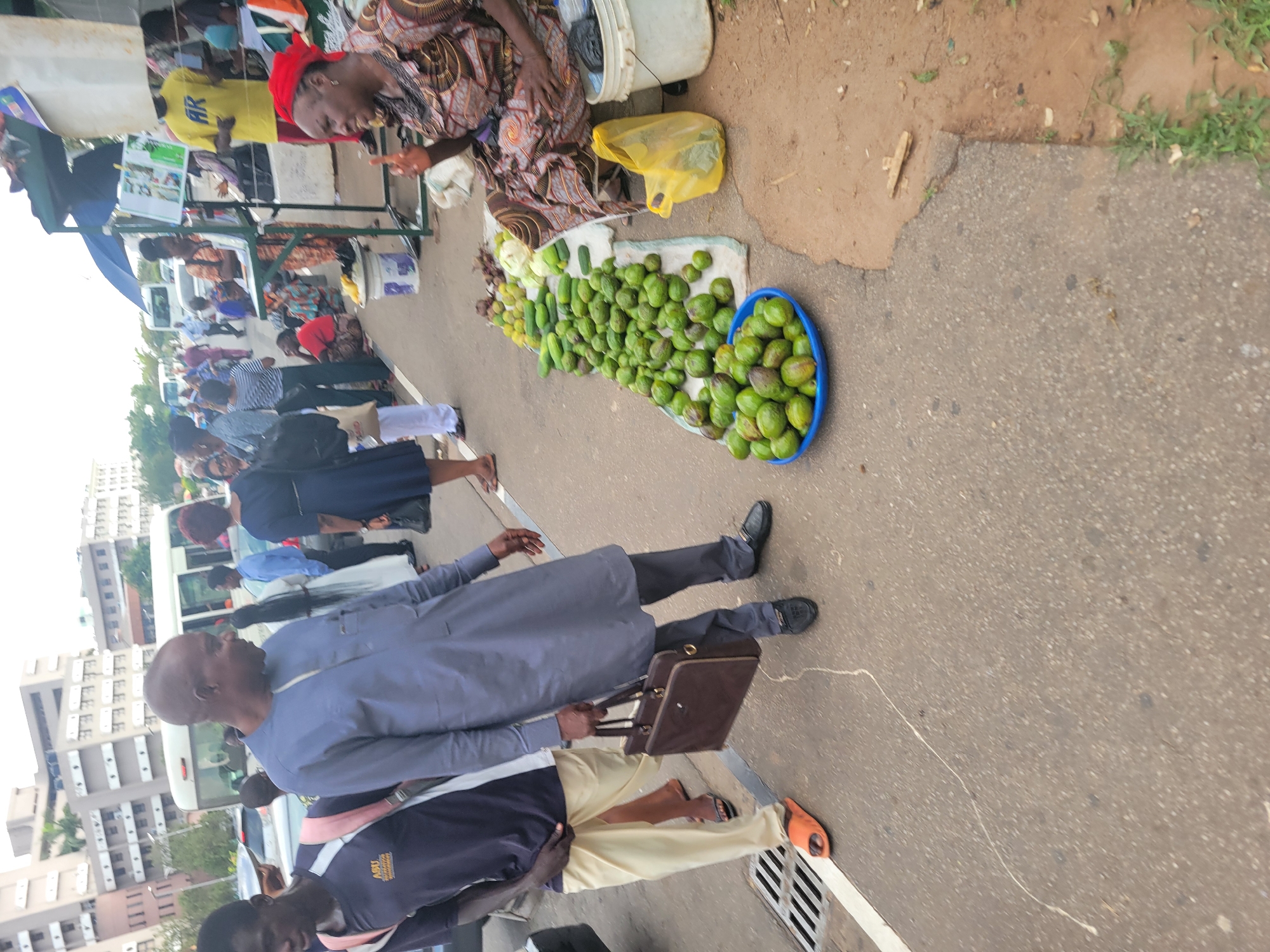 The image captures a vibrant street market scene, likely in an urban setting like Abuja, Nigeria. In the foreground, a female vendor, dressed in a patterned traditional outfit and a red head covering, sits on the ground. She is surrounded by her merchandise, which primarily consists of a large array of green, unripe fruits (resembling mangoes or similar local produce) spread out on a white mat on the paved ground, with an additional quantity piled into a blue plastic basin. Several cucumbers are also visible. A white bucket and a yellow plastic bag are near her.
Various people are engaged in activity around the market stall. A man in a blue kaftan or agbada and black dress shoes, carrying a brown briefcase, walks past the vendor. Another man, wearing a dark shirt with the letters "ABU" visible and light-colored trousers, stands nearby in sandals. In the mid-ground and background, other individuals are seen moving through the market. One person wears a yellow t-shirt with the letters "AR." Market stalls with metal frames and white coverings are visible, and in the further background, a white bus and multi-story buildings suggest a city environment. The ground is a combination of paved road and a dirt patch with some greenery. The scene is well-lit, indicating daytime.