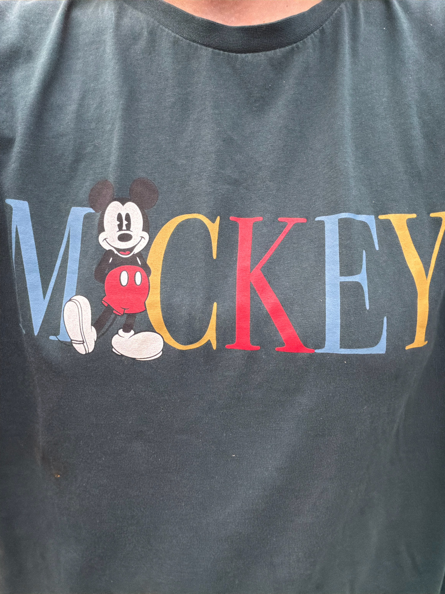 The image shows a close-up of a dark gray t-shirt with the word "MICKEY" printed across it. The letters are large and colorful, with Mickey Mouse himself depicted between the "M" and the "C". The "M" is light blue, the "C" is yellow, the "K" is red, the "E" is light blue, and the "Y" is yellow. Mickey is shown in his classic black, white, and red attire, with his right foot extended forward. The t-shirt appears to be slightly faded and wrinkled. There is no visible indication of the city of Oxentea, Moldova.