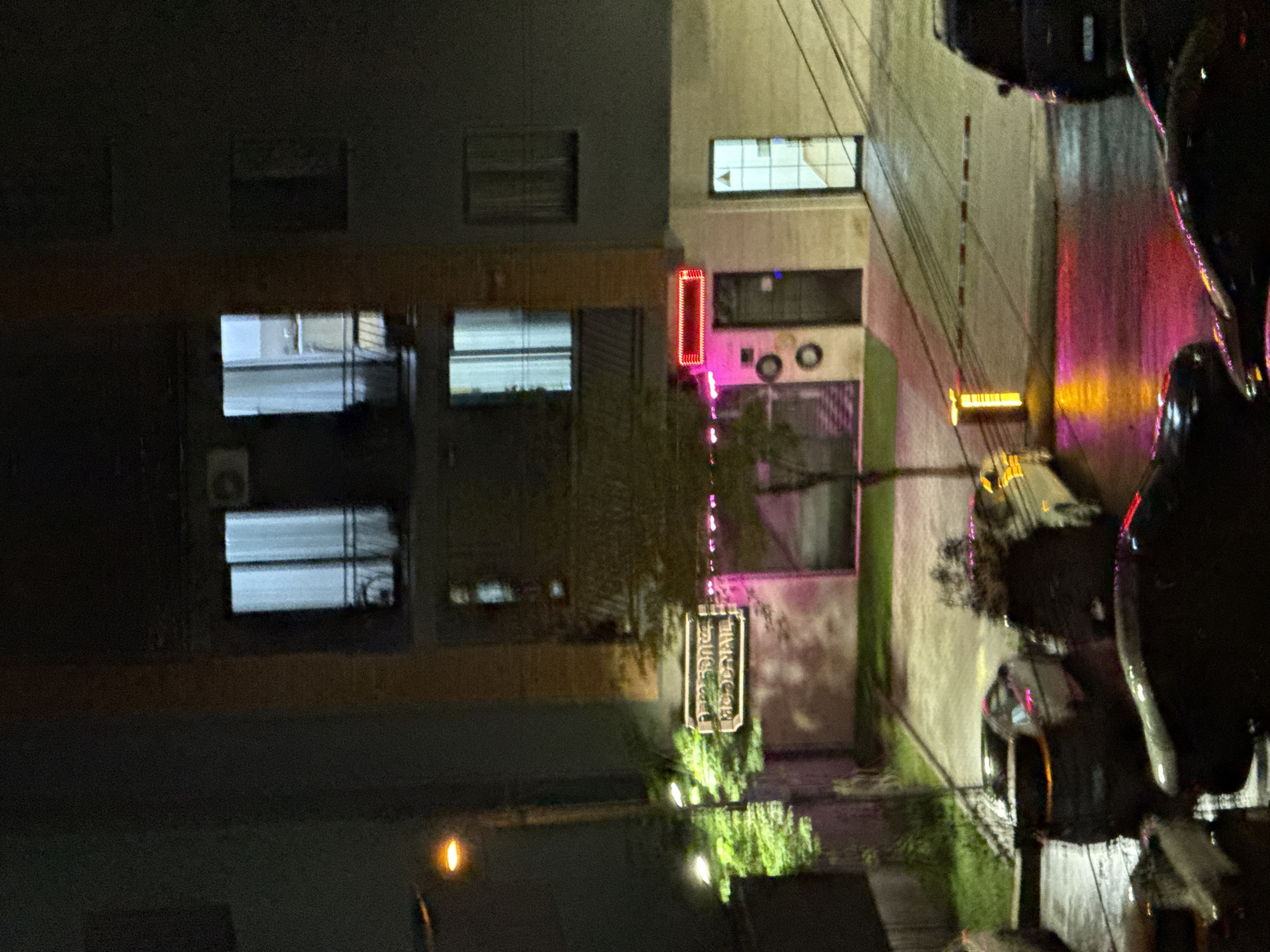 The image depicts a nighttime street scene in Tbilisi, Georgia. In the foreground, several cars are parked or driving on a wet road, reflecting the colorful lights of the surroundings. One car in the middle ground is silver, while others are dark. A red and white barrier is visible across the road.
To the left, a streetlamp illuminates a small tree with green foliage. Further left, a building facade shows multiple stories with windows. Some windows are lit from within, with white curtains visible.
The central part of the image features another building with a sign that appears to have Georgian text on it, illuminated by a warm light. Below this sign, there's a doorway and a few circular objects mounted on the wall. A neon red sign is mounted above this entrance.
On the right side of the image, a building entrance is visible with a glass door, showing a lit interior with a grid pattern on the windows. The overall atmosphere is urban, with artificial lighting creating reflections on the wet pavement.