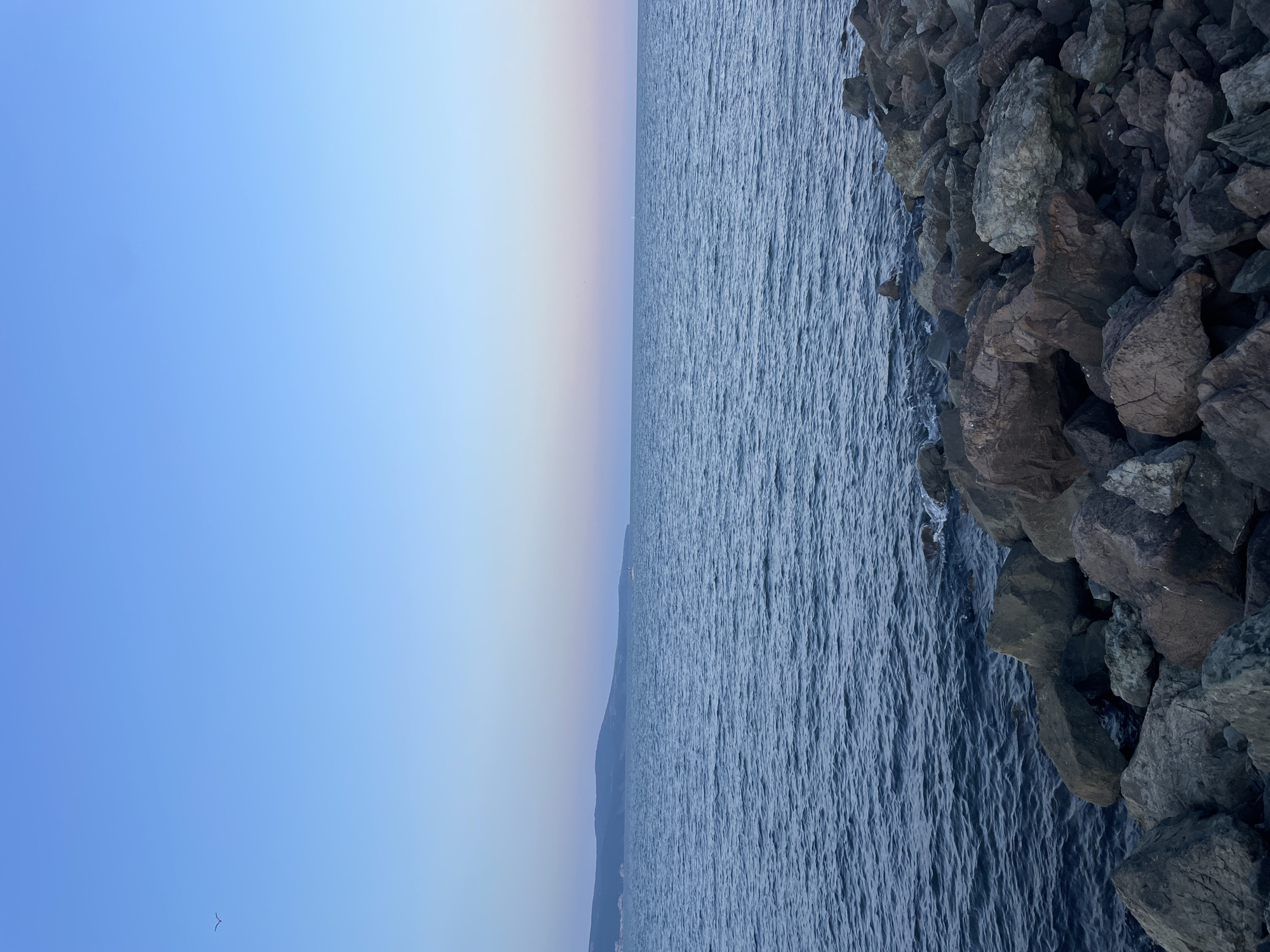 A wide-angle, eye-level, landscape shot captures a tranquil scene of the Black Sea at dusk, as seen from a rocky shore in Nesebar, Bulgaria. The sky transitions from a pale blue at the top to soft hues of pink and lavender near the horizon. A solitary bird is visible in the upper left quadrant of the sky. The sea is calm, with gentle ripples reflecting the twilight sky. In the distance, a hilly coastline with scattered buildings and a small white sailboat on the horizon can be observed. The foreground is dominated by a dense arrangement of large, weathered rocks, forming a natural breakwater along the water's edge. There are no people or animals present in the immediate foreground or midground. The overall atmosphere is serene and peaceful.