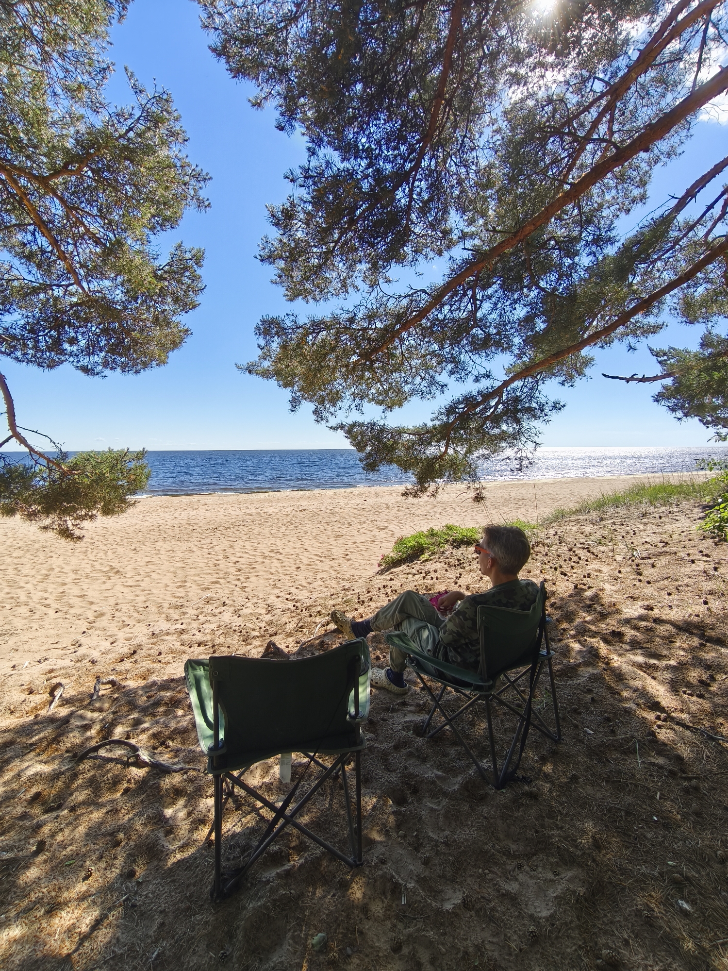 In this image, a person sits in a green folding chair on a sandy beach, looking out at the calm, blue water. The scene is shaded by the branches of pine trees overhead, creating dappled sunlight on the sand. The sky is clear and bright blue, suggesting a sunny day, likely in the late morning or early afternoon given the angle of the sun.
Two green folding chairs are visible in the foreground, one occupied by the person and the other empty. The person is wearing camouflage clothing and sunglasses. The beach is covered in sand with scattered pinecones. In the distance, the ocean stretches to the horizon, reflecting the bright sunlight. The presence of pine trees and the sandy beach suggests a coastal or lakeside environment. The overall mood is peaceful and relaxed, with the person seemingly enjoying a quiet moment by the water. There is no visible text in the image.