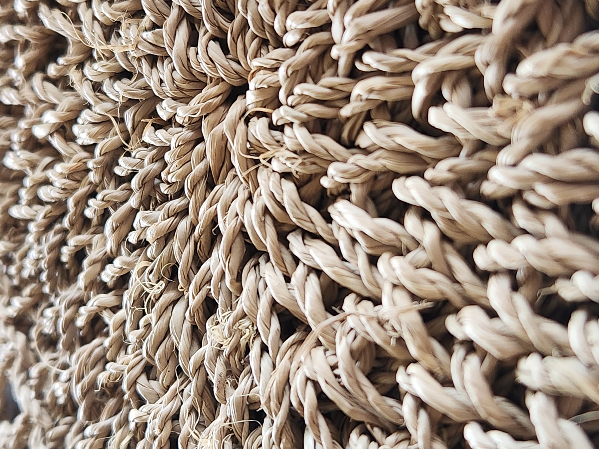 The image is a close-up, macro photograph of a woven material. The material appears to be made of natural fibers, likely straw or raffia, which have been twisted and braided into thick cords. These cords are then woven together to create a textured surface with a repeating pattern of loops and interlocked strands. The color of the material is a natural, light brown or beige, with variations in tone due to the natural fibers and lighting. Some of the individual fibers within the cords are visible, adding to the rustic and organic feel of the texture. The lighting creates highlights and shadows that emphasize the three-dimensional nature of the weave, making the texture appear rich and tactile. The focus is sharp on the intricate details of the weave, while the background is blurred, further isolating the texture as the sole subject. There are no people, animals, or identifiable objects within the frame, nor any context suggesting a specific location. Therefore, it is not possible to determine the location in the city of Maitland, United States of America based on this image alone.