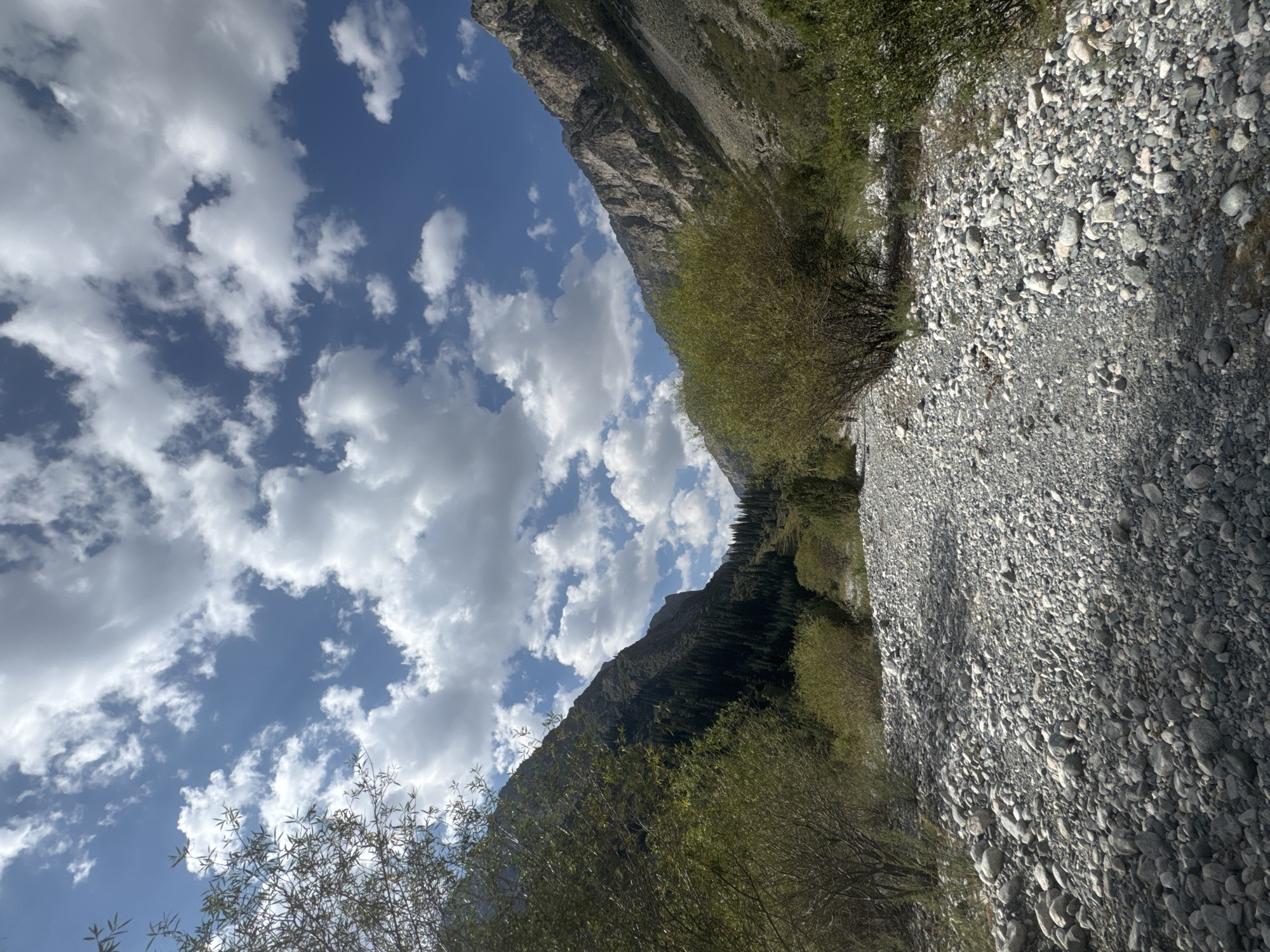 The image captures a natural landscape within a mountain valley. The foreground is dominated by a dry riverbed filled with numerous grey and white pebbles and stones of varying sizes, forming a rough, uneven surface. On either side of the riverbed, there are lush green bushes and trees, with some branches extending into the frame. The middle ground features the steep, rocky slopes of mountains. The left mountain slope is densely covered with dark green coniferous trees that ascend towards the peak. The right mountain slope is barren and rocky, with visible scree and eroded rock formations. The sky above is a vibrant blue, punctuated by numerous fluffy white clouds, some casting shadows on the mountains. The overall impression is one of a remote, rugged natural environment, possibly in a mountainous region of Kyrgyzstan, given the characteristic terrain and vegetation. No people or man-made structures are visible in the image.