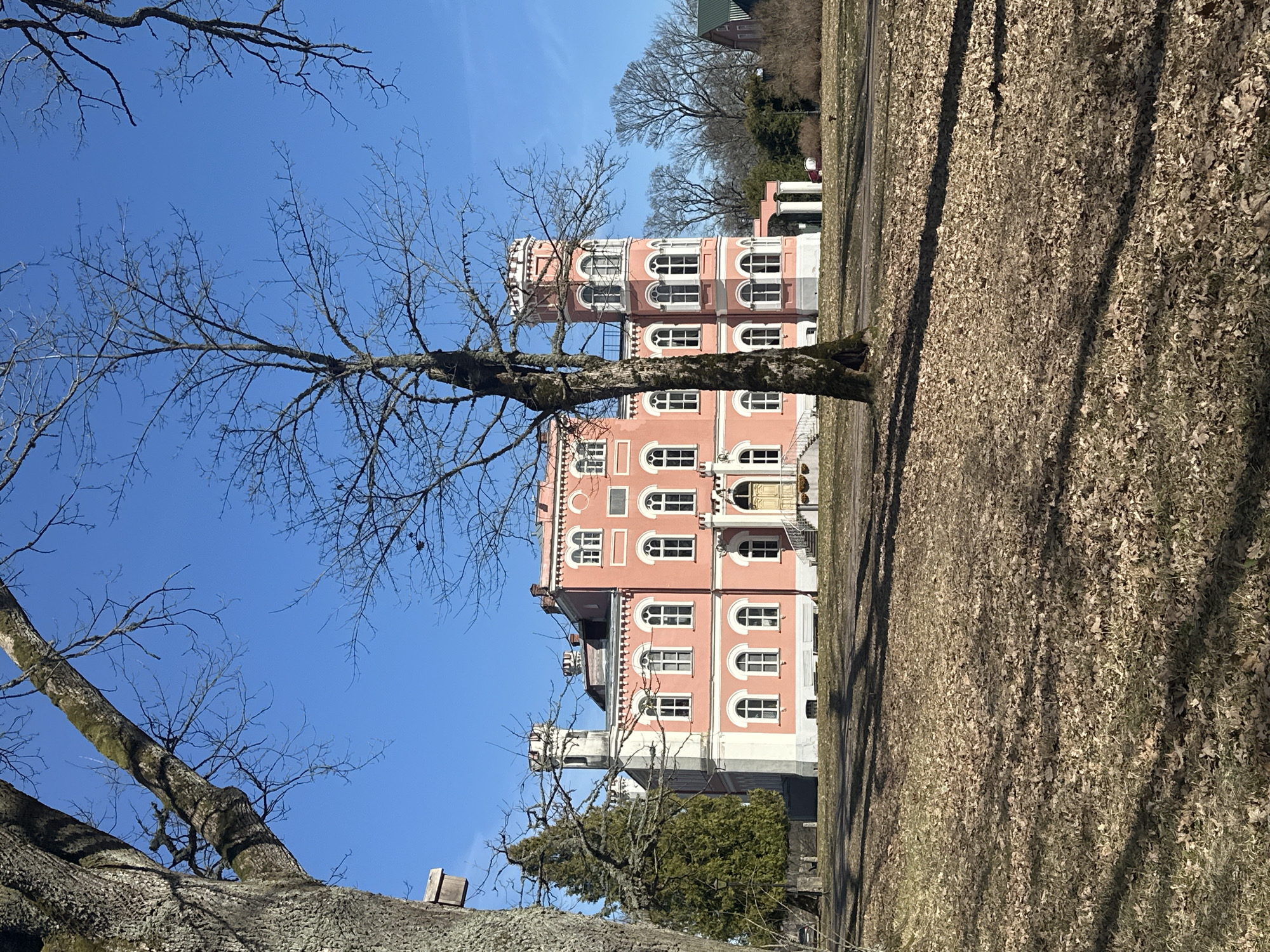 The image shows a pink and white building in Bīriņi, Latvia. The building has multiple stories with arched windows and is framed by leafless trees. The ground is covered in dead leaves. The sky is blue and clear.