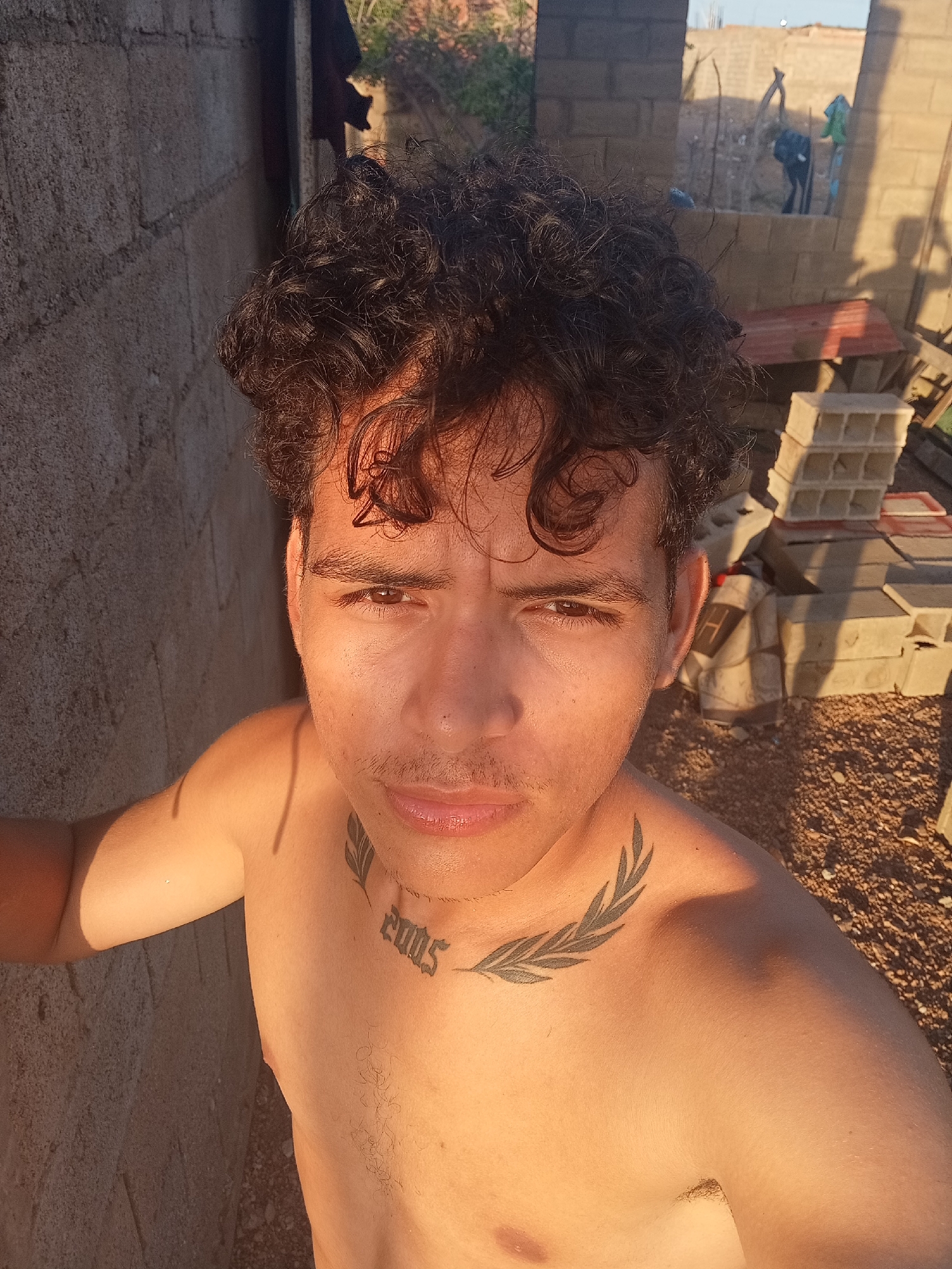 A shirtless young man stands next to a brick wall in Altagracia, Venezuela. He has curly, dark hair and light brown skin. He has two tattoos on his upper chest: one that says "2005" and another of an olive branch. Behind him is a cinderblock structure under construction. The ground is dirt. The lighting is bright and sunny.