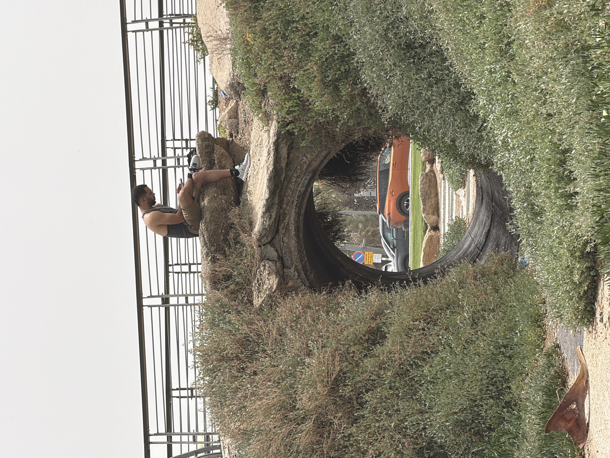 A man sits on a gray rock structure within a Tel Aviv, Israel park. He wears a gray tank top, shorts, and sneakers, and holds a phone. The structure features a circular opening, through which an orange vehicle and traffic signs are visible. Green bushes surround the structure. Behind the man is a metal fence. The sky is white and overcast.