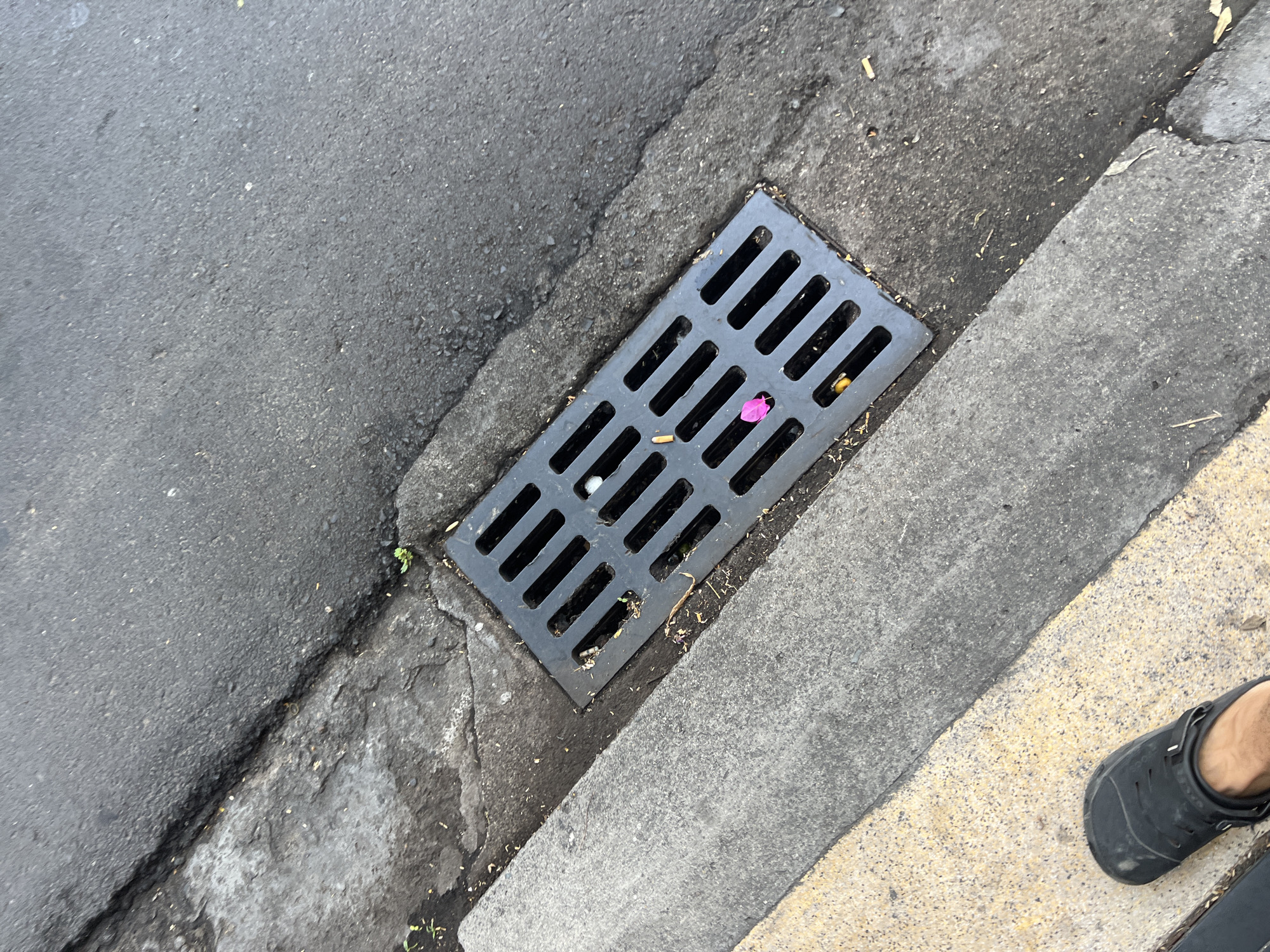 A street scene shows a rectangular, black metal storm drain set in a concrete curb. The drain grate has multiple parallel slots. Within the drain are scattered pieces of litter, including a small pink piece of material, a white fragment, and a yellow object. The curb and gutter are stained with grime and show signs of weathering. Adjacent to the curb is a section of asphalt road. In the lower right corner of the image is a portion of a person's foot wearing a black Croc-style shoe. There are no additional people, interactions, or notable features visible. Based on the image's metadata, the location is Nha Trang, Vietnam.