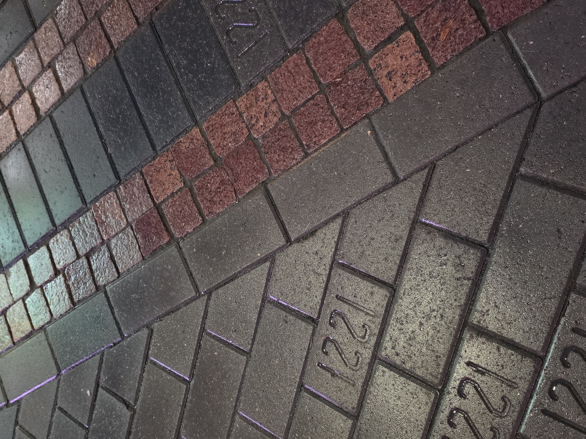 The image shows a close-up view of a patterned sidewalk made of grey and reddish-brown bricks. The sidewalk is wet, reflecting light. Some of the grey bricks have the number "1221" embossed on them. The pattern suggests a section of paving stones in a pedestrian area. There are no people, animals, or any specific landmarks visible that would identify this as being in Nizhny Novgorod, Russia. The scene is a ground-level perspective of urban paving.
