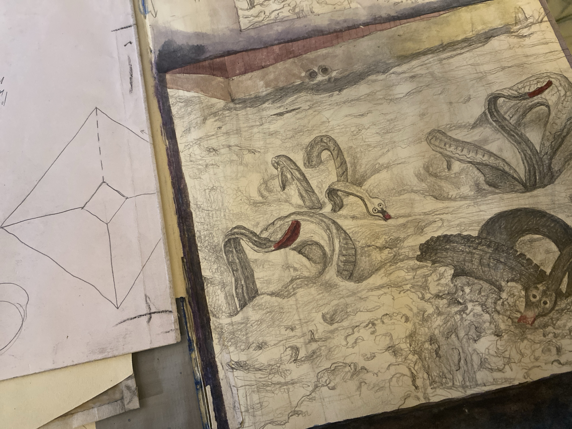 This image depicts an open sketchbook, likely on a desk or table, showcasing various artistic sketches. The sketchbook is filled with pencil and watercolor drawings, primarily featuring a detailed depiction of intertwined snakes and a bird-like creature. The dominant colors are muted earth tones, with occasional splashes of red and dark gray. The background of the sketchbook pages is textured with numerous scribbled lines, creating a sense of depth and movement. Above the sketchbook, a separate sheet of paper displays a geometric drawing, possibly a prism, in black pencil. The overall aesthetic suggests a creative workspace or a collection of unfinished art pieces. There is no discernible information within the image that places it in Saint Petersburg, Russia, or any specific city.