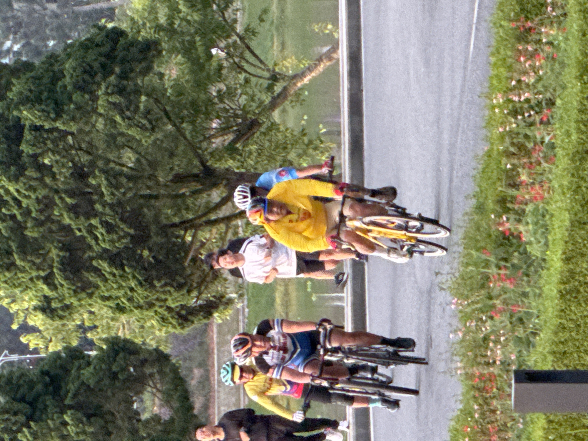 The image depicts a group of people cycling and running on a paved path, with lush green trees and foliage bordering the path. In the foreground, a cyclist wearing a yellow jacket and a blue helmet is visible. Behind him, another cyclist in a yellow shirt and blue shorts is riding. To the left, a person in dark clothing is walking. Further back, a runner in a white shirt and black shorts is jogging. The scene appears to be set in a park or recreational area, possibly Phường Xuân Hương - Đà Lạt, Vietnam, given the presence of a body of water in the background and the general landscape. The lighting suggests it is daytime, possibly late afternoon or early morning, with soft light filtering through the trees.