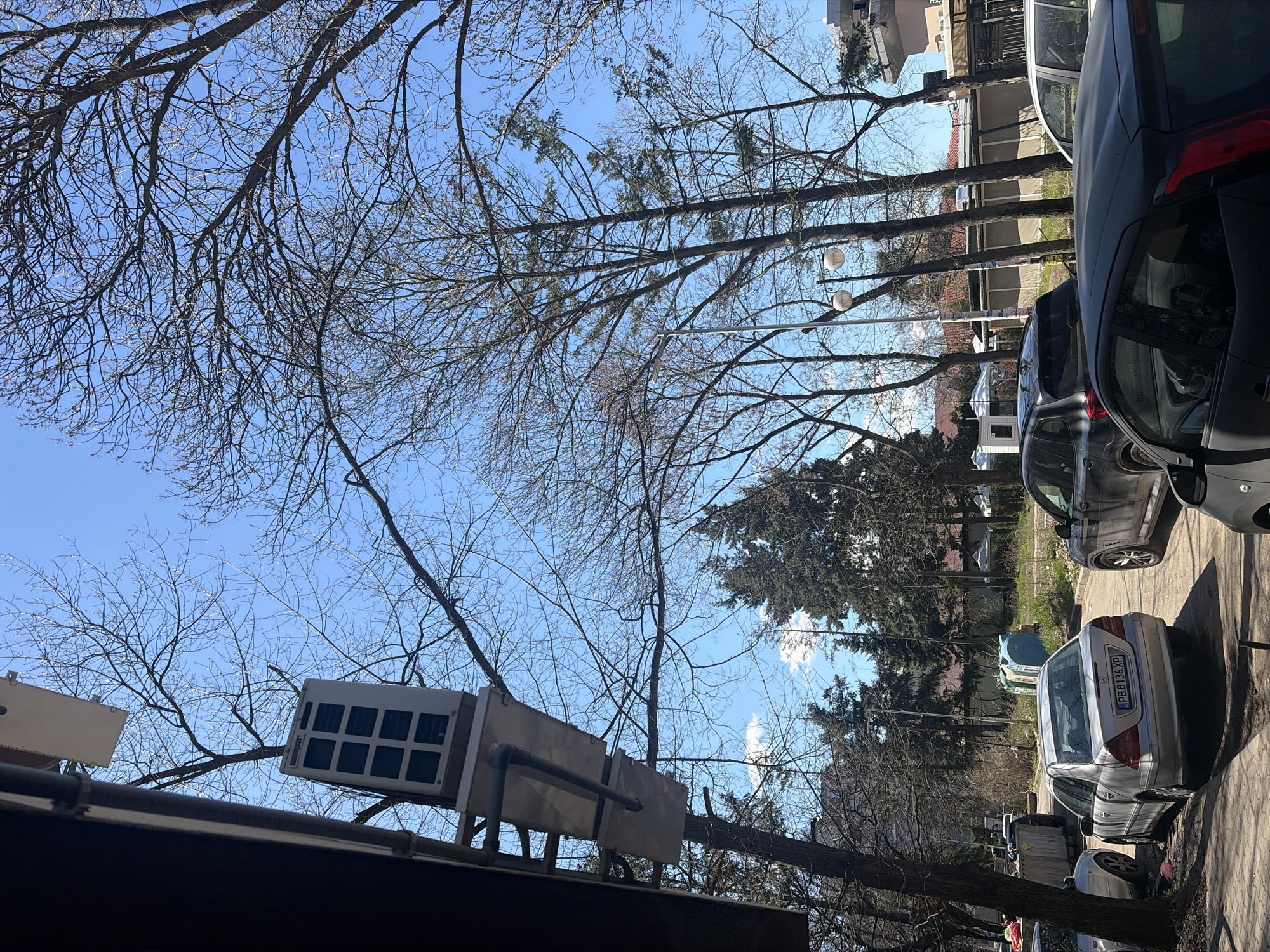 The image is a street-level shot in Sofia, Bulgaria, taken on a sunny day with a clear blue sky. The view is partially obscured by bare tree branches in the foreground, indicating a late winter or early spring season. On the left side of the image, an air conditioning unit is mounted on a building. In the middle ground, there are parked cars lining the side of the street, including a silver Mercedes-Benz with license plate "PB 8136 XP". Buildings are visible in the background, along with street lights and more trees.