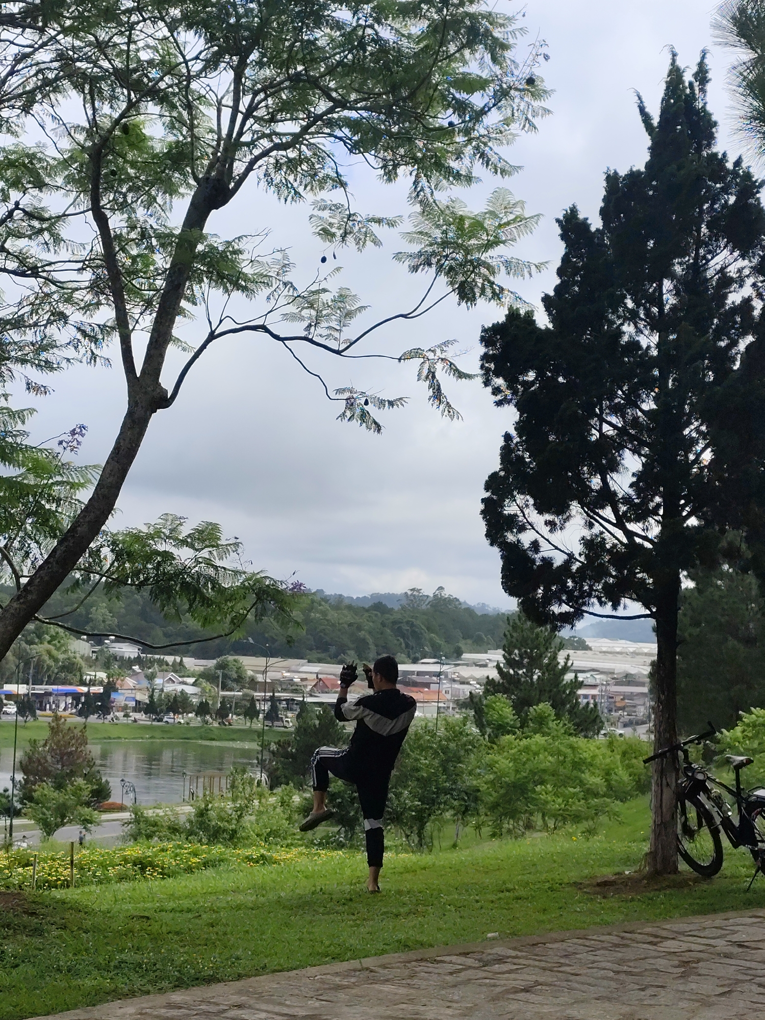 A medium shot captures a man striking a karate-like pose in a park setting in Da Lat, Vietnam. The man is barefoot and clad in black pants with white stripes and a black jacket with grey sleeves. He is balancing on his left leg, with his right leg raised in front of him. He appears to be holding a phone up to his face and taking a picture. In the background, there is a lake and part of Da Lat is visible, including buildings and roads. The sky is overcast. A black bicycle leans against a tall, dark green evergreen tree to the right of the man. Another tree with green foliage is to the left of the man. The park itself has manicured grass and a concrete walkway in the foreground.